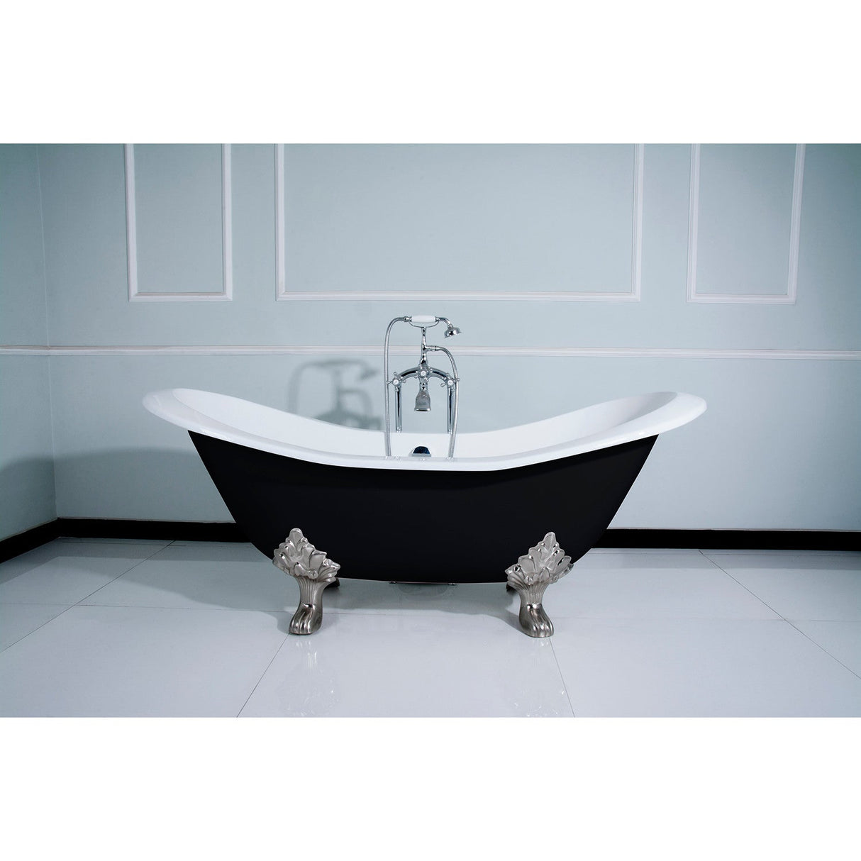 Aqua Eden VBTND7231NC8 72-Inch Cast Iron Double Slipper Clawfoot Tub (No Faucet Drillings), Black/White/Brushed Nickel