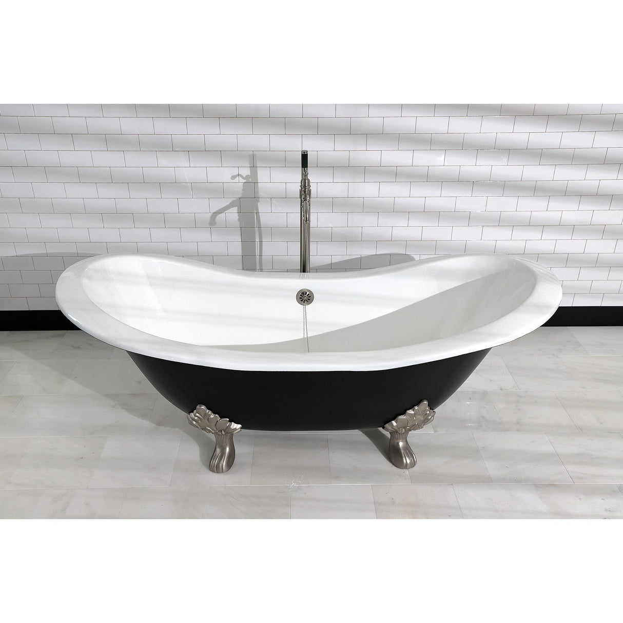 Aqua Eden VBTND7231NC8 72-Inch Cast Iron Double Slipper Clawfoot Tub (No Faucet Drillings), Black/White/Brushed Nickel