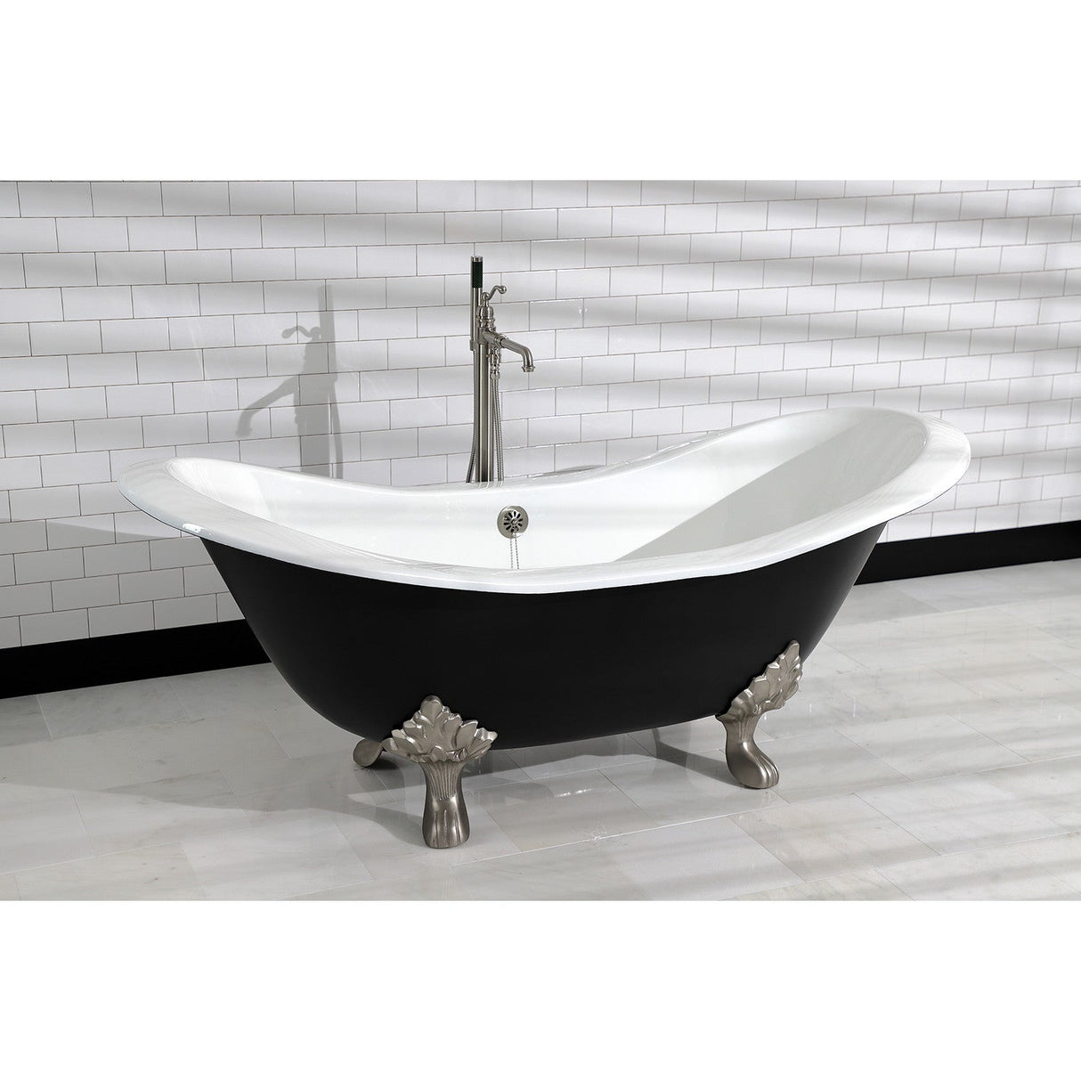 Aqua Eden VBTND7231NC8 72-Inch Cast Iron Double Slipper Clawfoot Tub (No Faucet Drillings), Black/White/Brushed Nickel