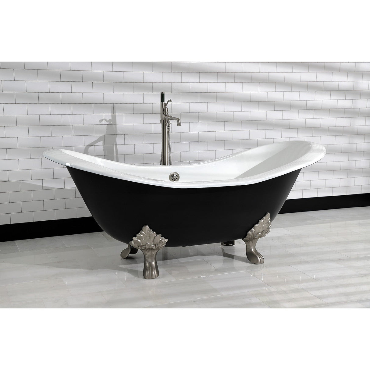 Aqua Eden VBTND7231NC8 72-Inch Cast Iron Double Slipper Clawfoot Tub (No Faucet Drillings), Black/White/Brushed Nickel