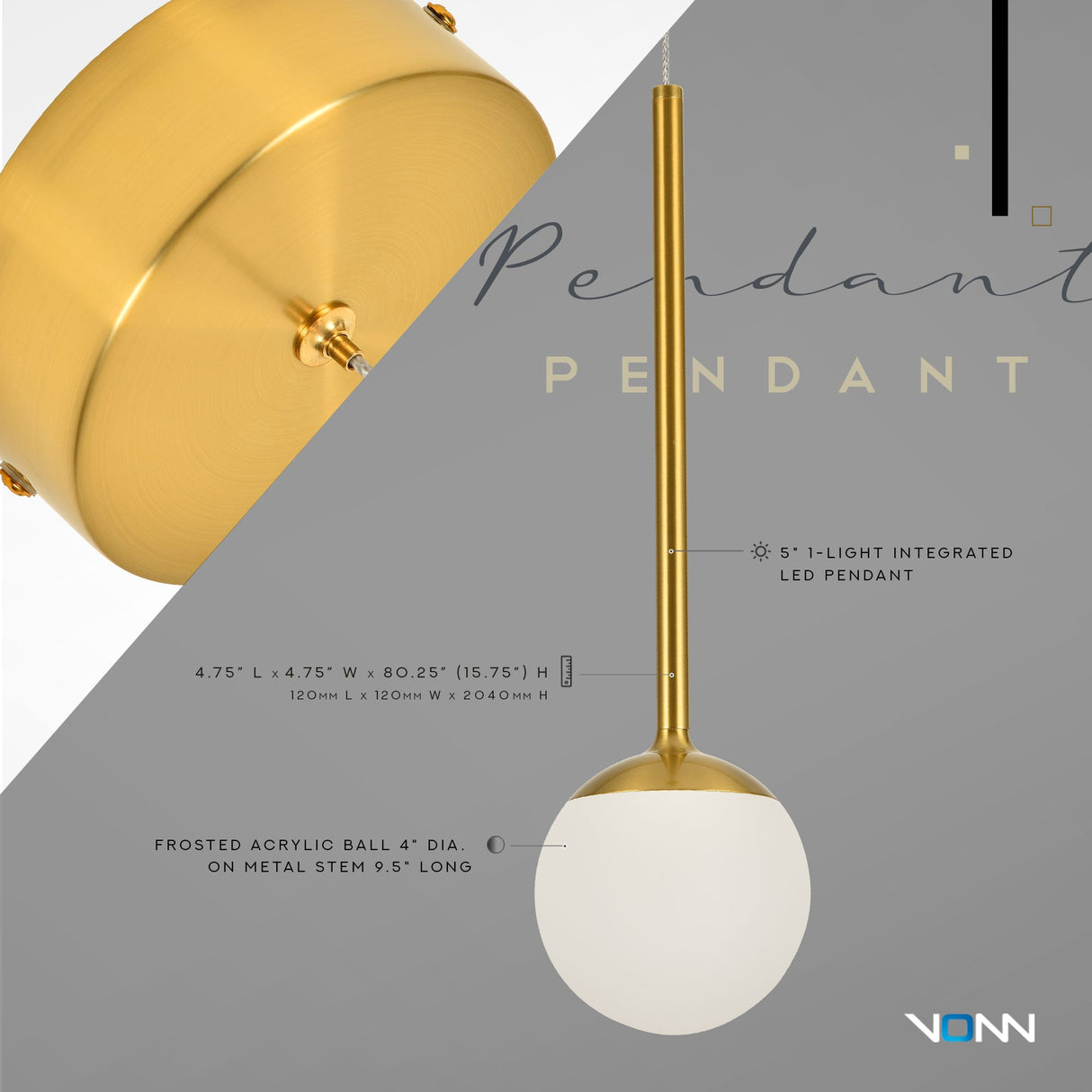 VONN Capri VCP2101AB 5" 1-Light Integrated LED ETL Certified Height Adjustable Pendant, with Glass Shade, Black