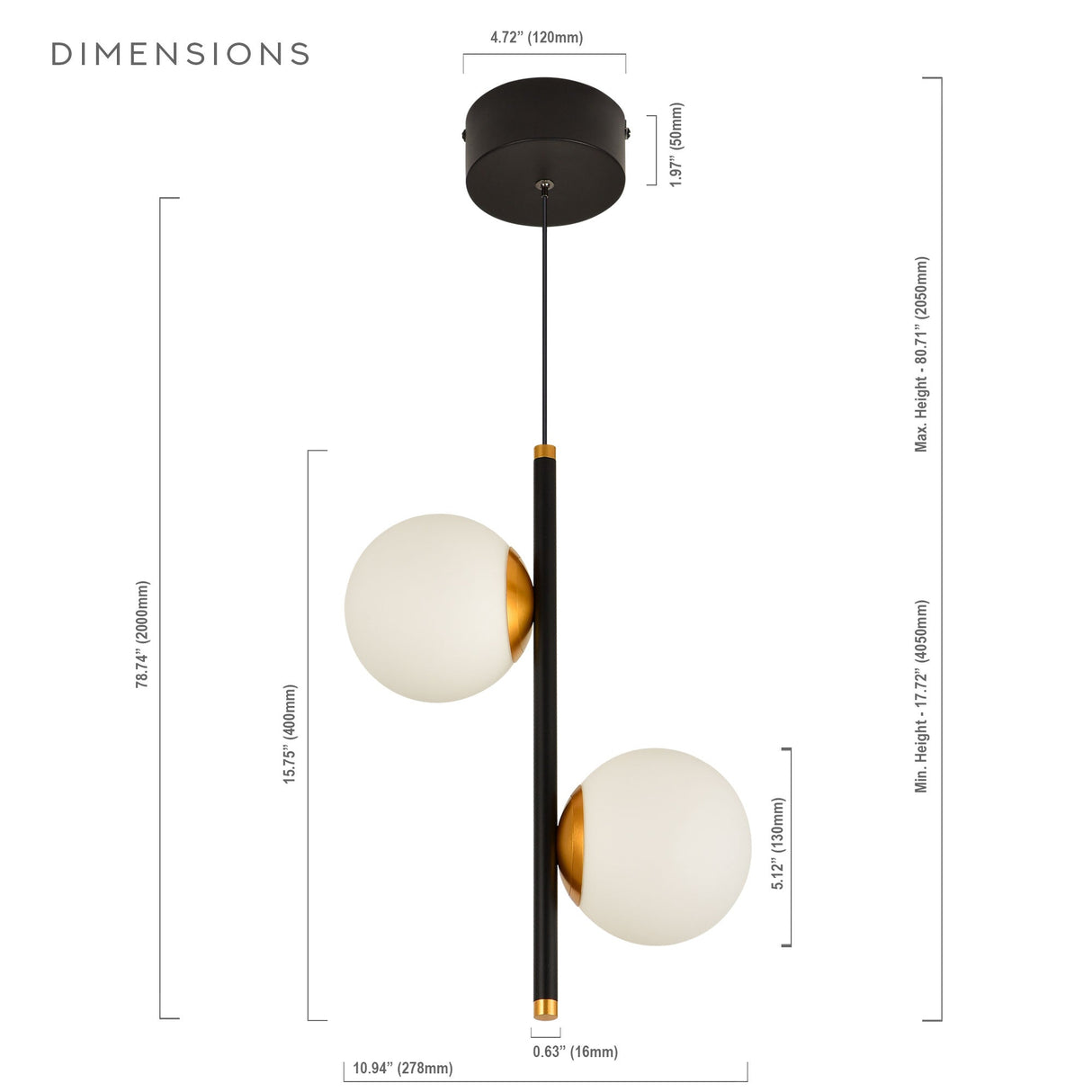 VONN Capri VCP2202BL 100-277V 11" 2-Light Integrated LED ETL Certified Height Adjustable Black Pendant, Black