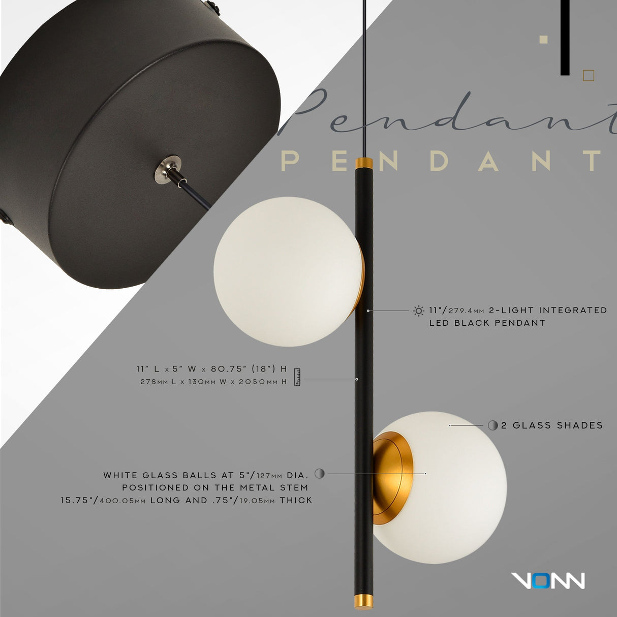 VONN Capri VCP2202BL 100-277V 11" 2-Light Integrated LED ETL Certified Height Adjustable Black Pendant, Black