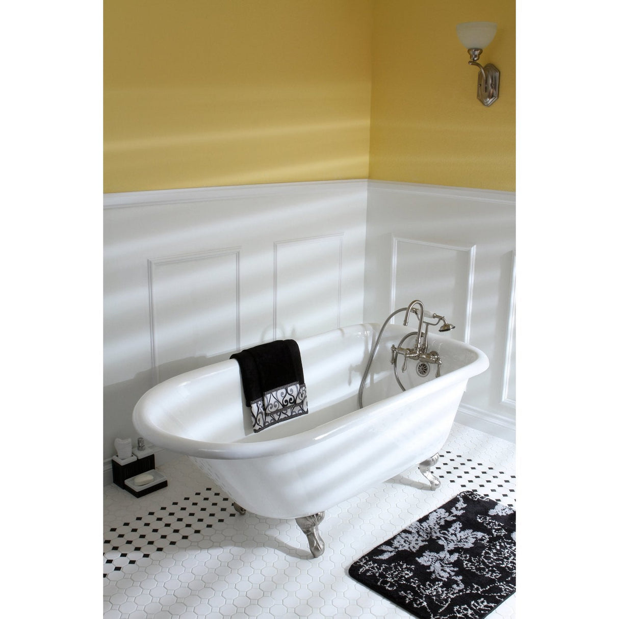 Aqua Eden VCT3D543019NT8 54-Inch Cast Iron Roll Top Clawfoot Tub with 3-3/8 Inch Wall Drillings, White/Brushed Nickel