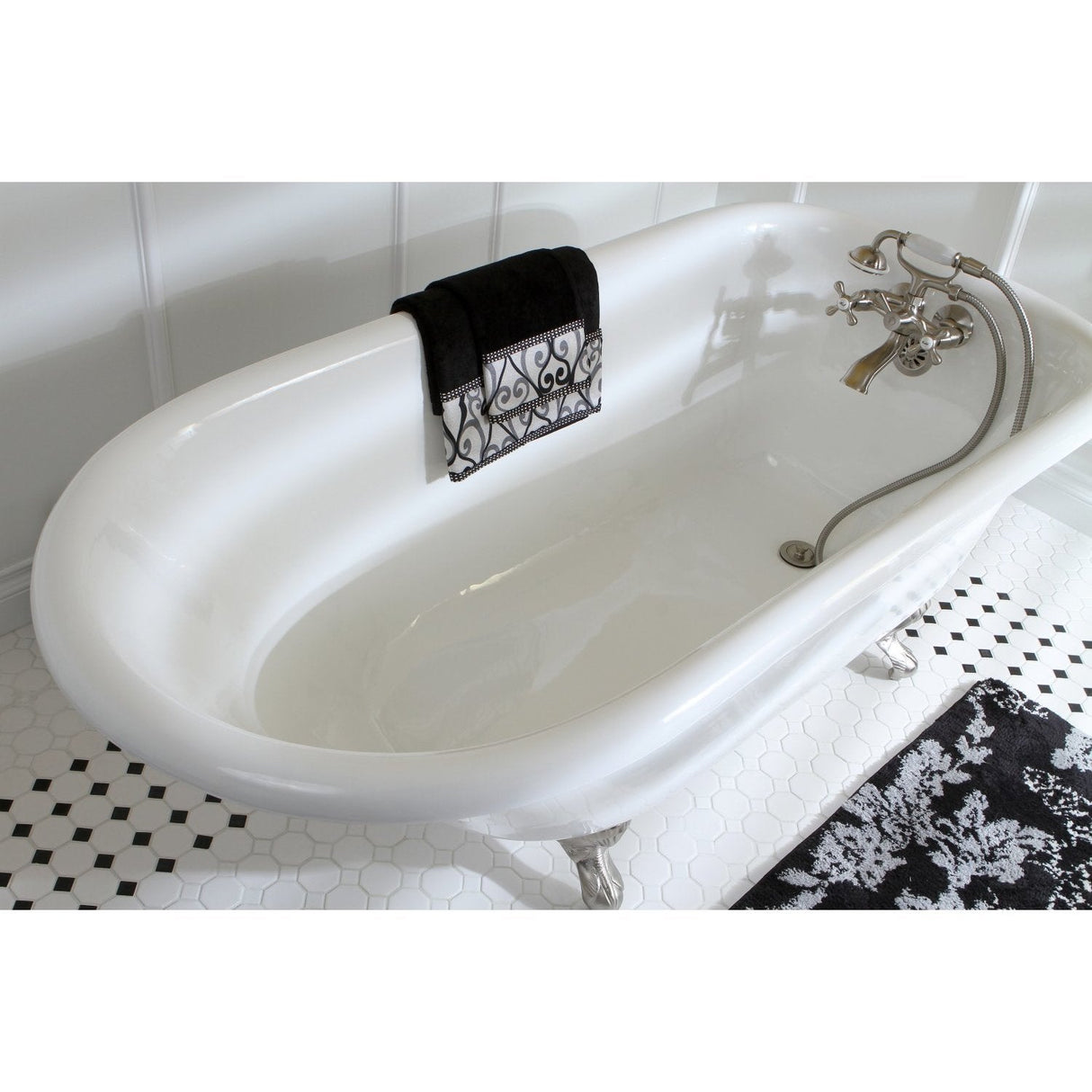 Aqua Eden VCT3D603019NT8 60-Inch Cast Iron Roll Top Clawfoot Tub with 3-3/8 Inch Wall Drillings, White/Brushed Nickel