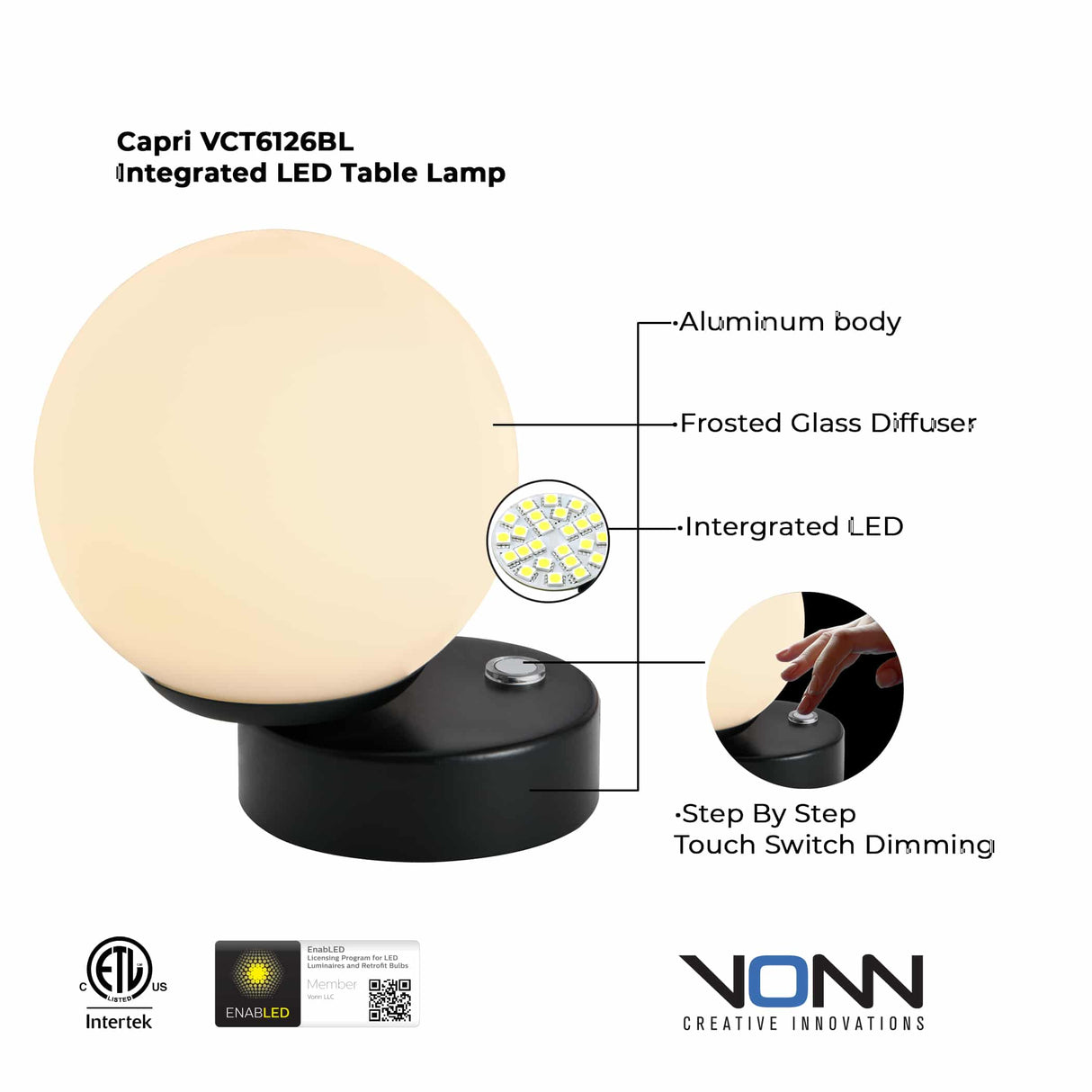 VONN Capri VCT6126BL 6" Height Integrated LED ETL Certified Table Lamp with Touch Sensor Dimming in Black