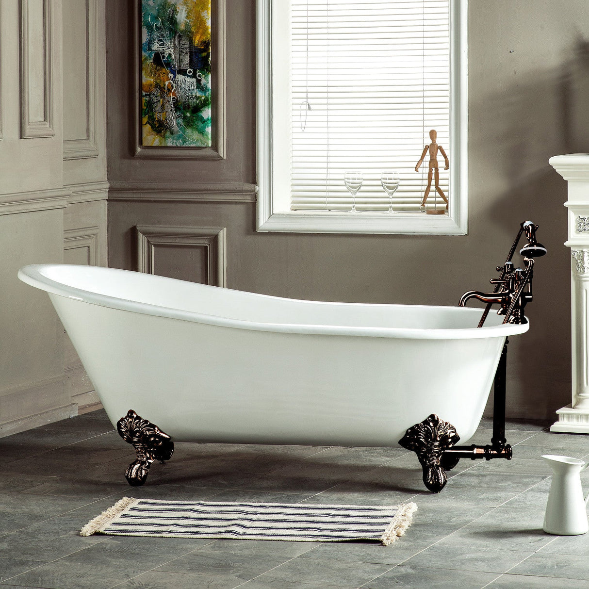 Tazatina VCT7D5431B5 54-Inch Cast Iron Single Slipper Clawfoot Tub with 7-Inch Faucet Drillings, White/Oil Rubbed Bronze