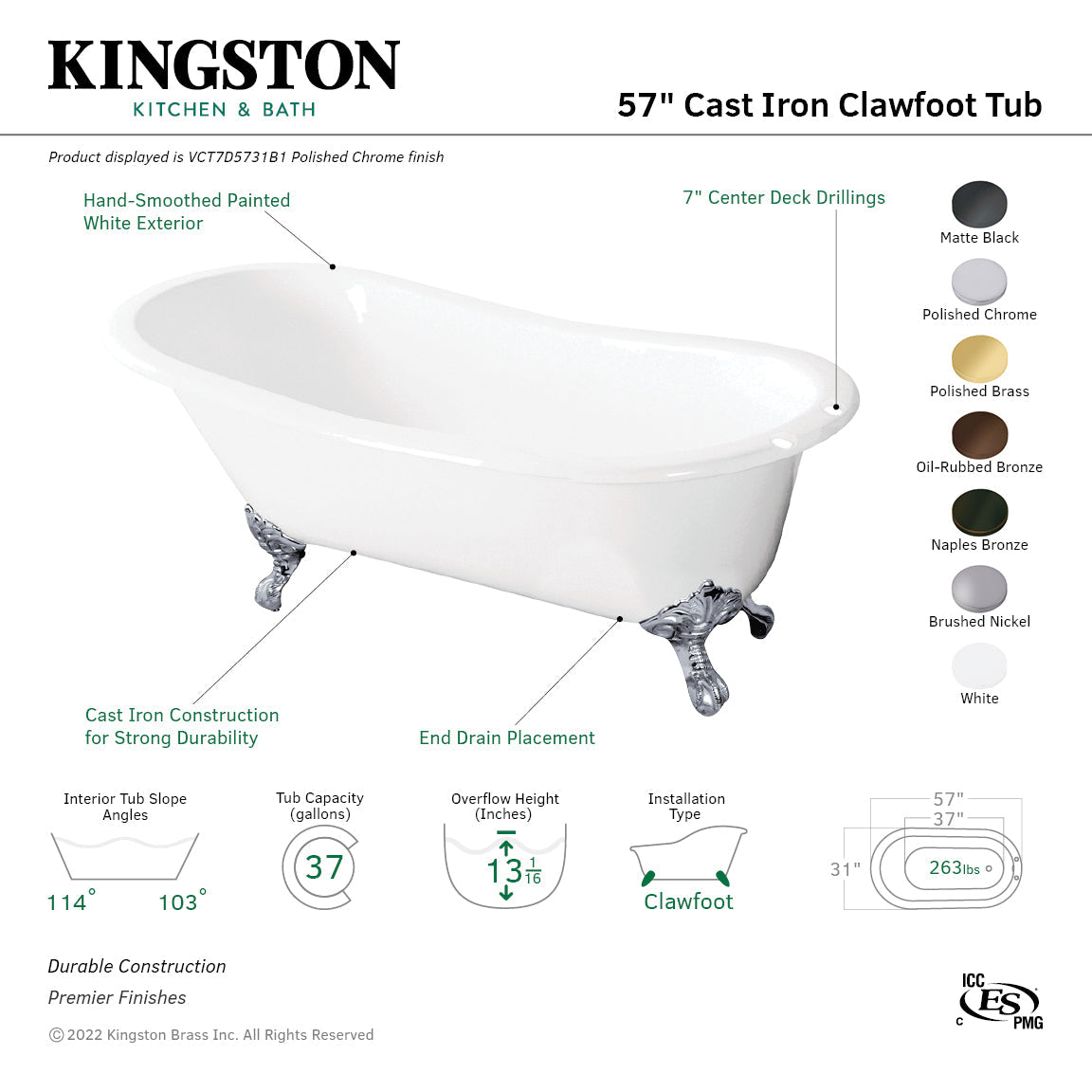 Tazatina VCT7D5731B0 57-Inch Cast Iron Single Slipper Clawfoot Tub with 7-Inch Faucet Drillings, White/Matte Black