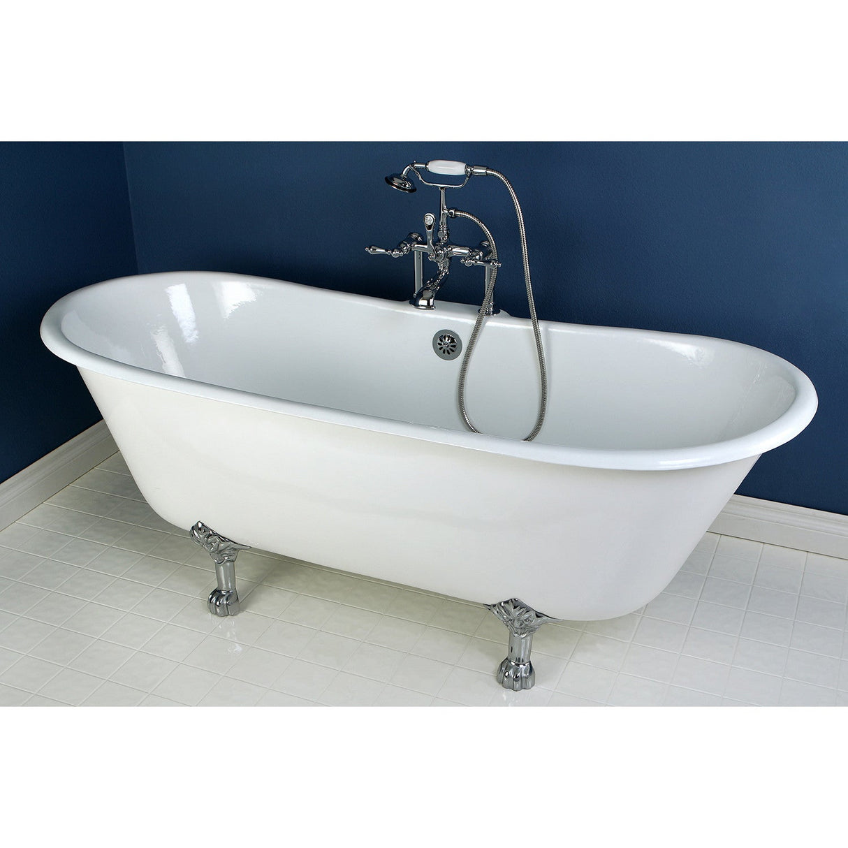 Aqua Eden VCT7D6728NH1 67-Inch Cast Iron Double Slipper Clawfoot Tub with 7-Inch Faucet Drillings, White/Polished Chrome
