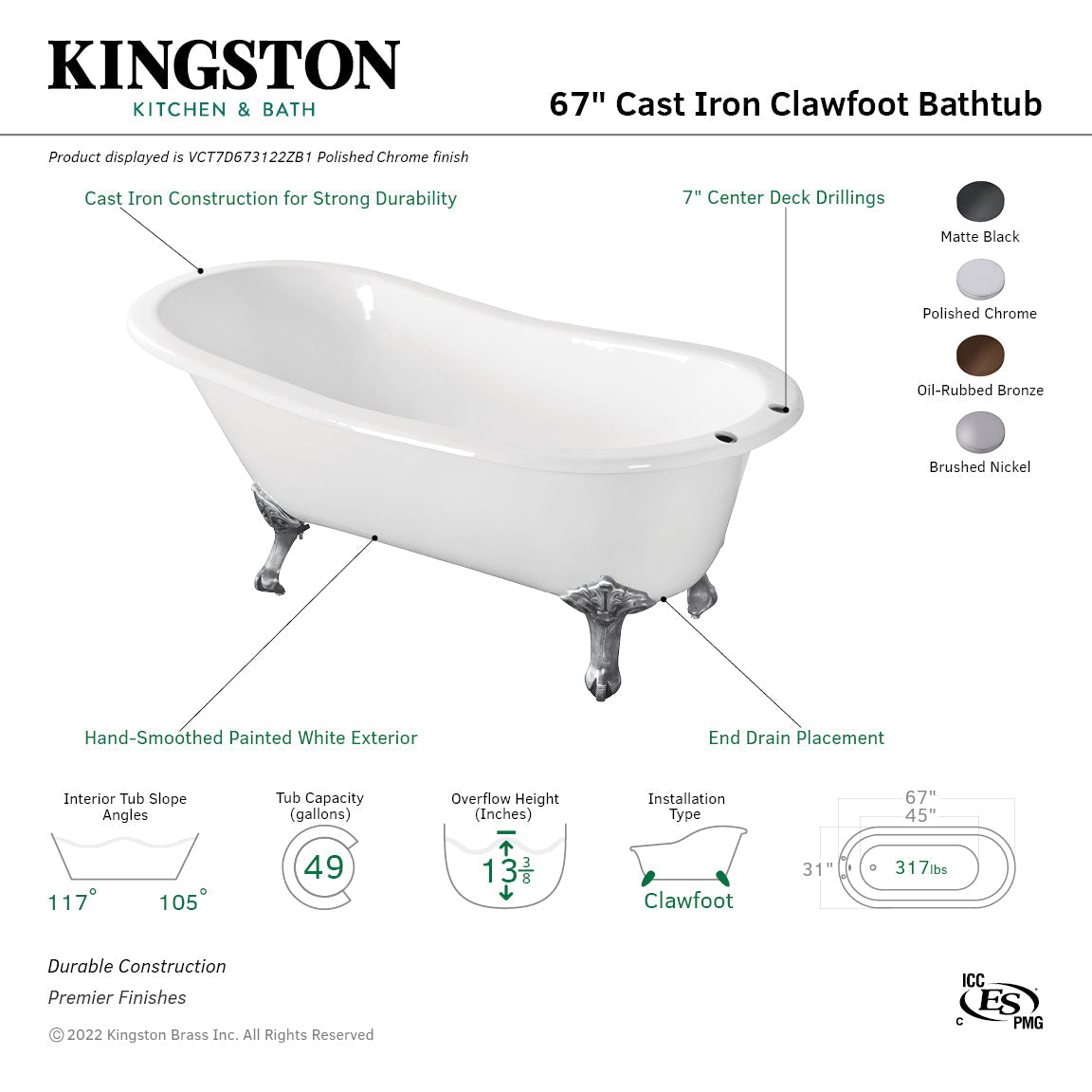 Aqua Eden VCT7D673122ZB5 67-Inch Cast Iron Single Slipper Clawfoot Tub with 7-Inch Faucet Drillings, White/Oil Rubbed Bronze