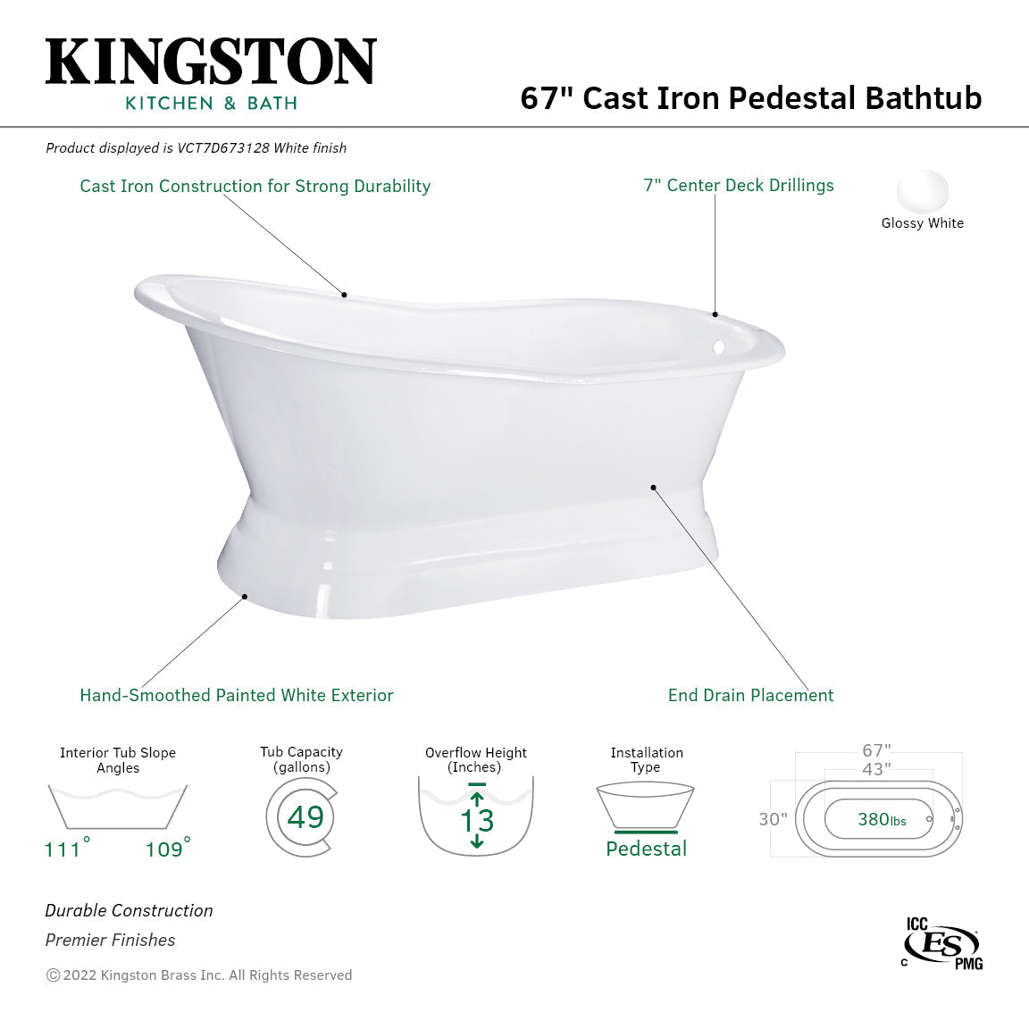 Aqua Eden VCT7D673128 67-Inch Cast Iron Single Slipper Pedestal Tub with 7-Inch Faucet Drillings, White