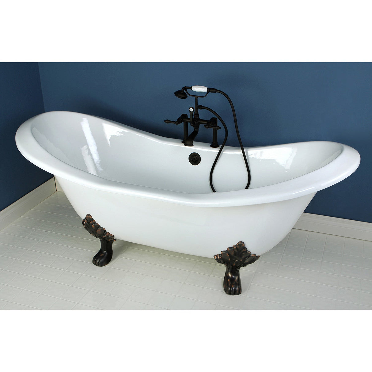Aqua Eden VCT7D7231NC5 72-Inch Cast Iron Double Slipper Clawfoot Tub with 7-Inch Faucet Drillings, White/Oil Rubbed Bronze
