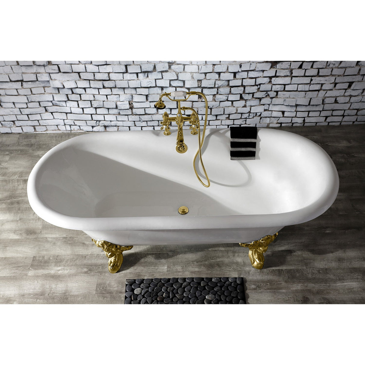 Aqua Eden VCT7DE7232NL2 72-Inch Cast Iron Double Ended Clawfoot Tub with 7-Inch Faucet Drillings, White/Polished Brass