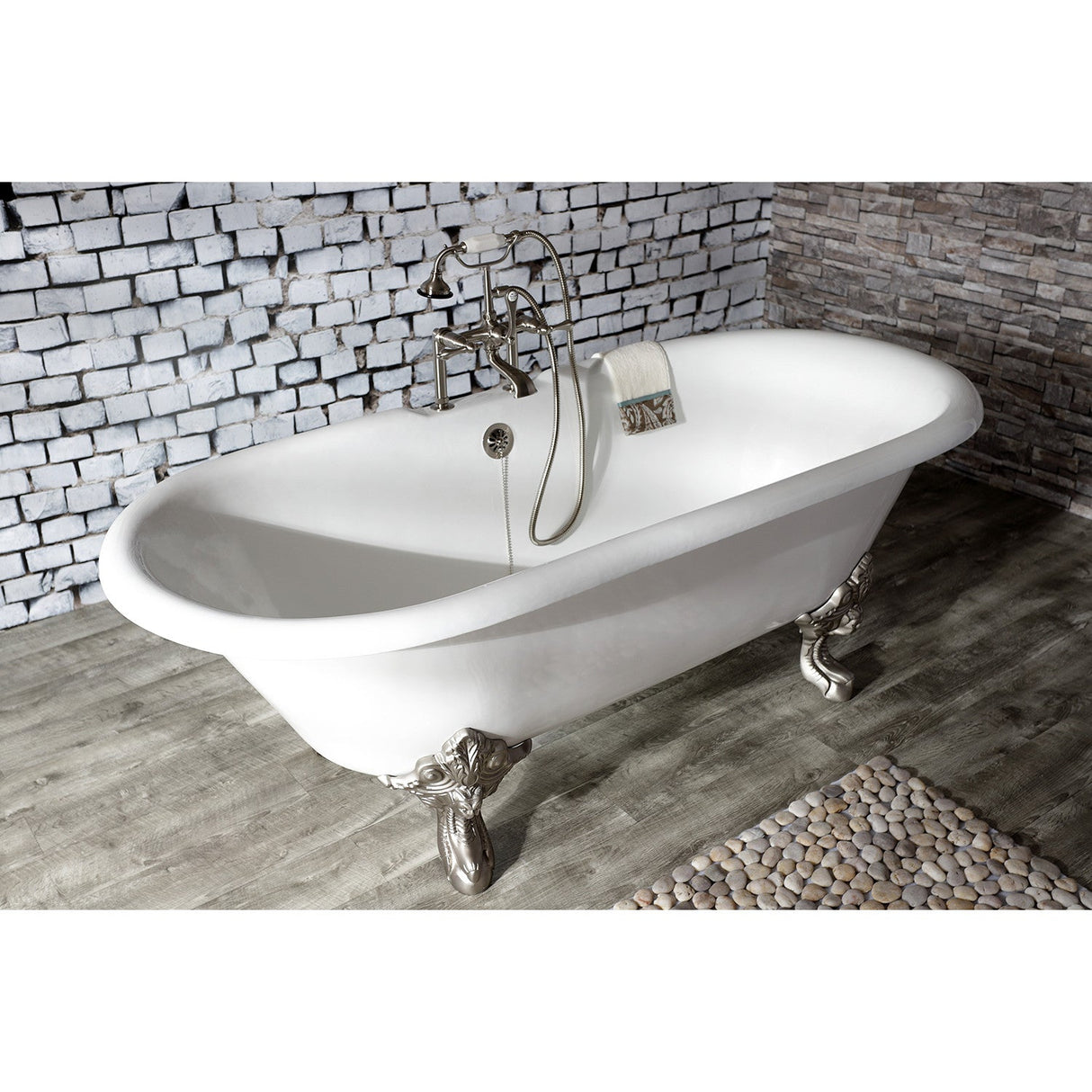 Aqua Eden VCT7DE7232NL8 72-Inch Cast Iron Double Ended Clawfoot Tub with 7-Inch Faucet Drillings, White/Brushed Nickel
