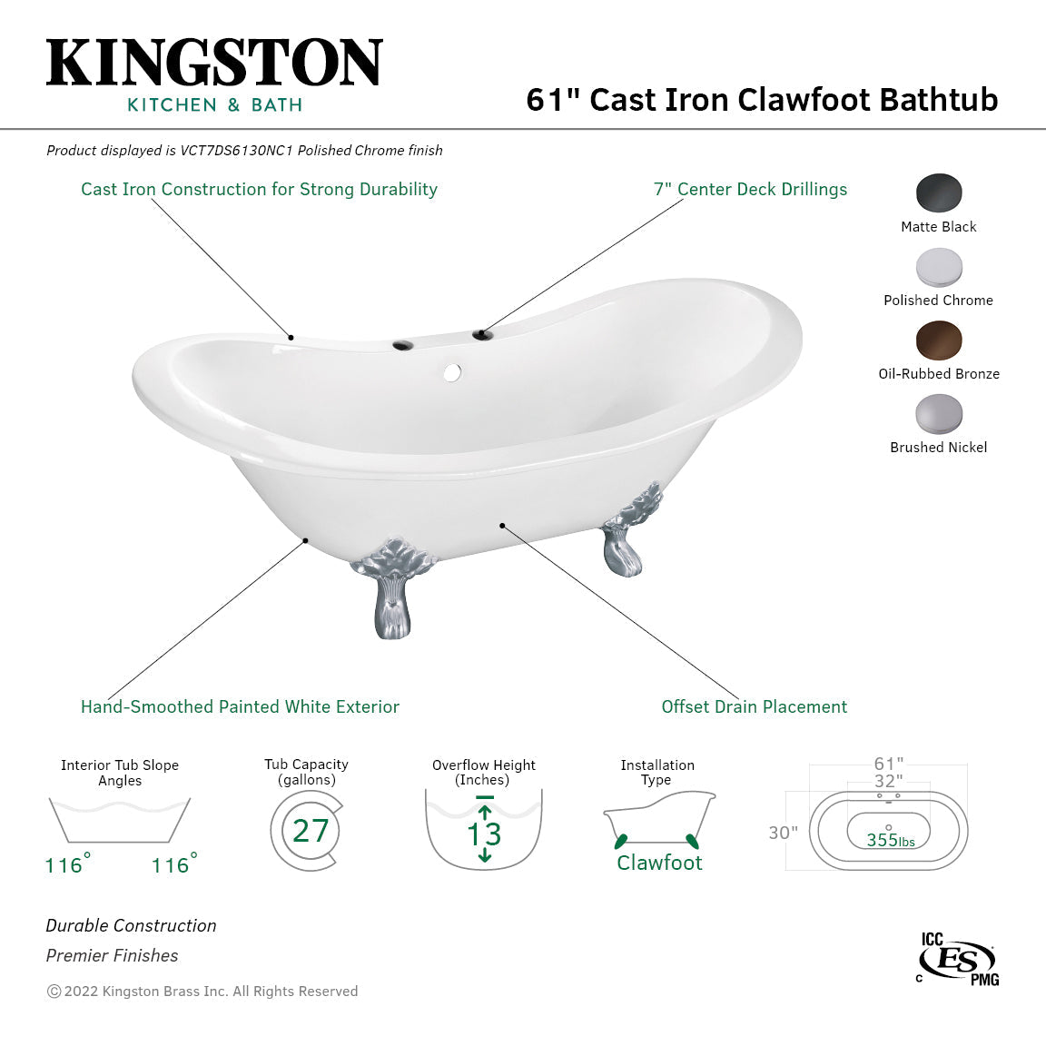 Aqua Eden VCT7DS6130NC1 61-Inch Cast Iron Double Slipper Clawfoot Tub with 7-Inch Faucet Drillings, White/Polished Chrome