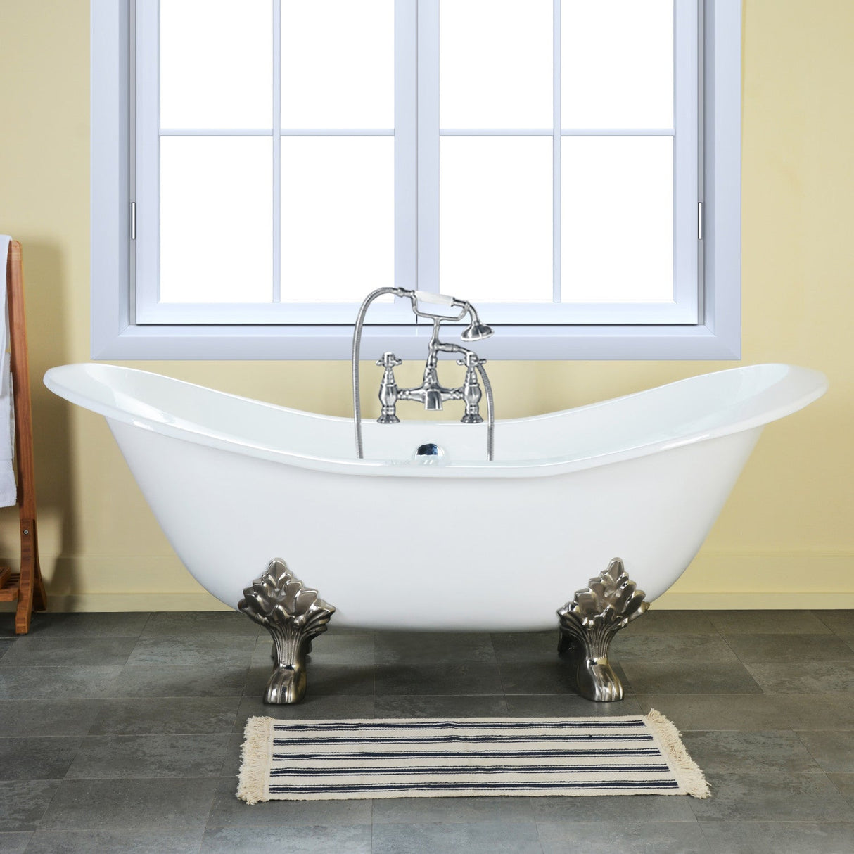 Aqua Eden VCT7DS6130NC1 61-Inch Cast Iron Double Slipper Clawfoot Tub with 7-Inch Faucet Drillings, White/Polished Chrome