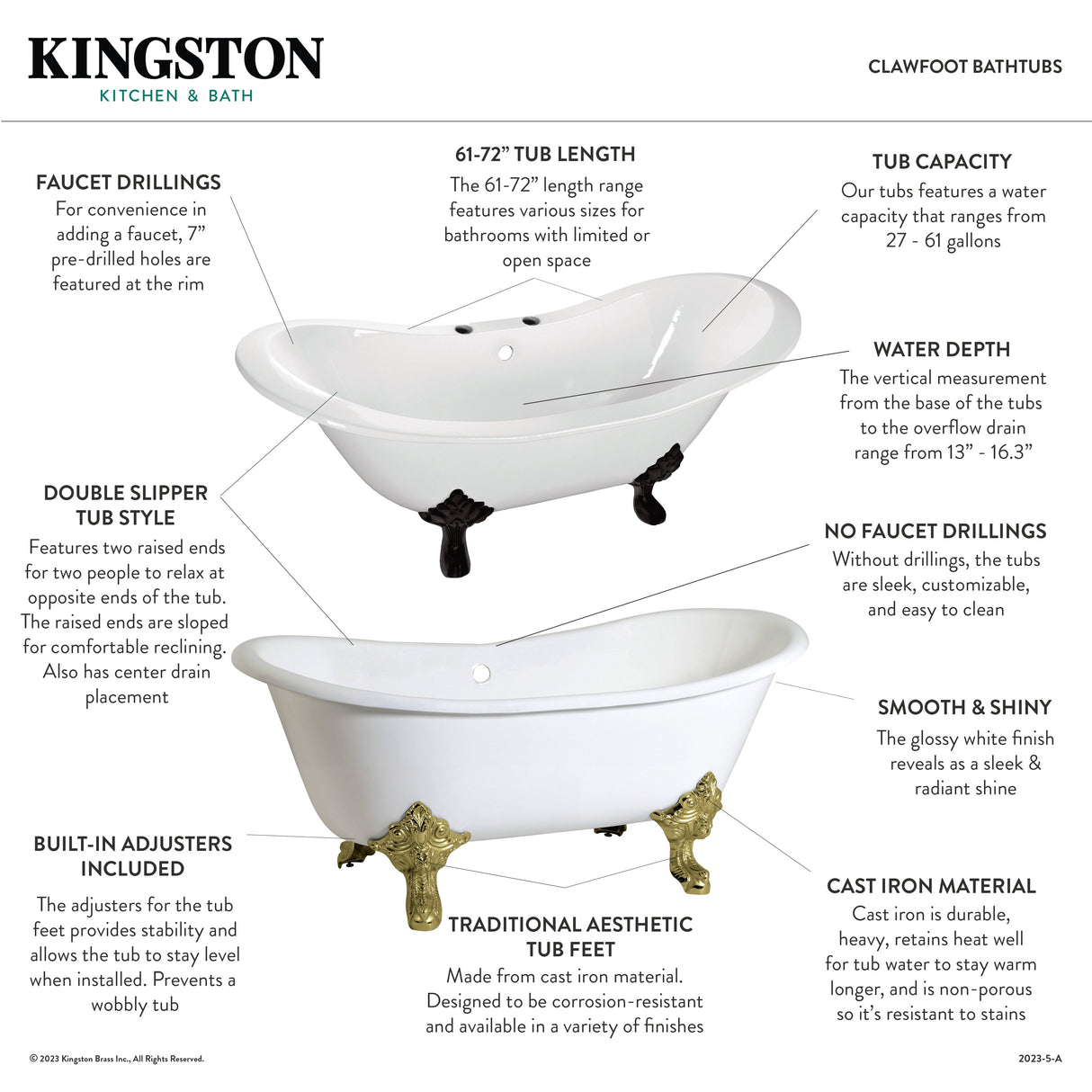 Aqua Eden VCT7DS6130NC5 61-Inch Cast Iron Double Slipper Clawfoot Tub with 7-Inch Faucet Drillings, White/Oil Rubbed Bronze