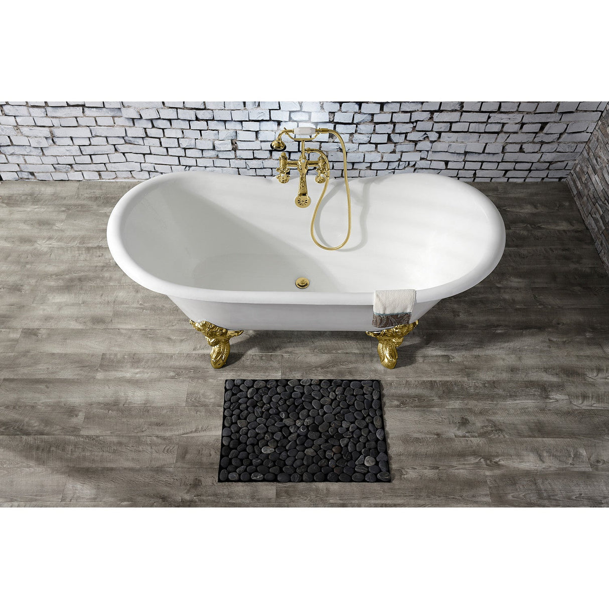 Aqua Eden VCT7DS6731NL2 67-Inch Cast Iron Double Slipper Clawfoot Tub with 7-Inch Faucet Drillings, White/Polished Brass