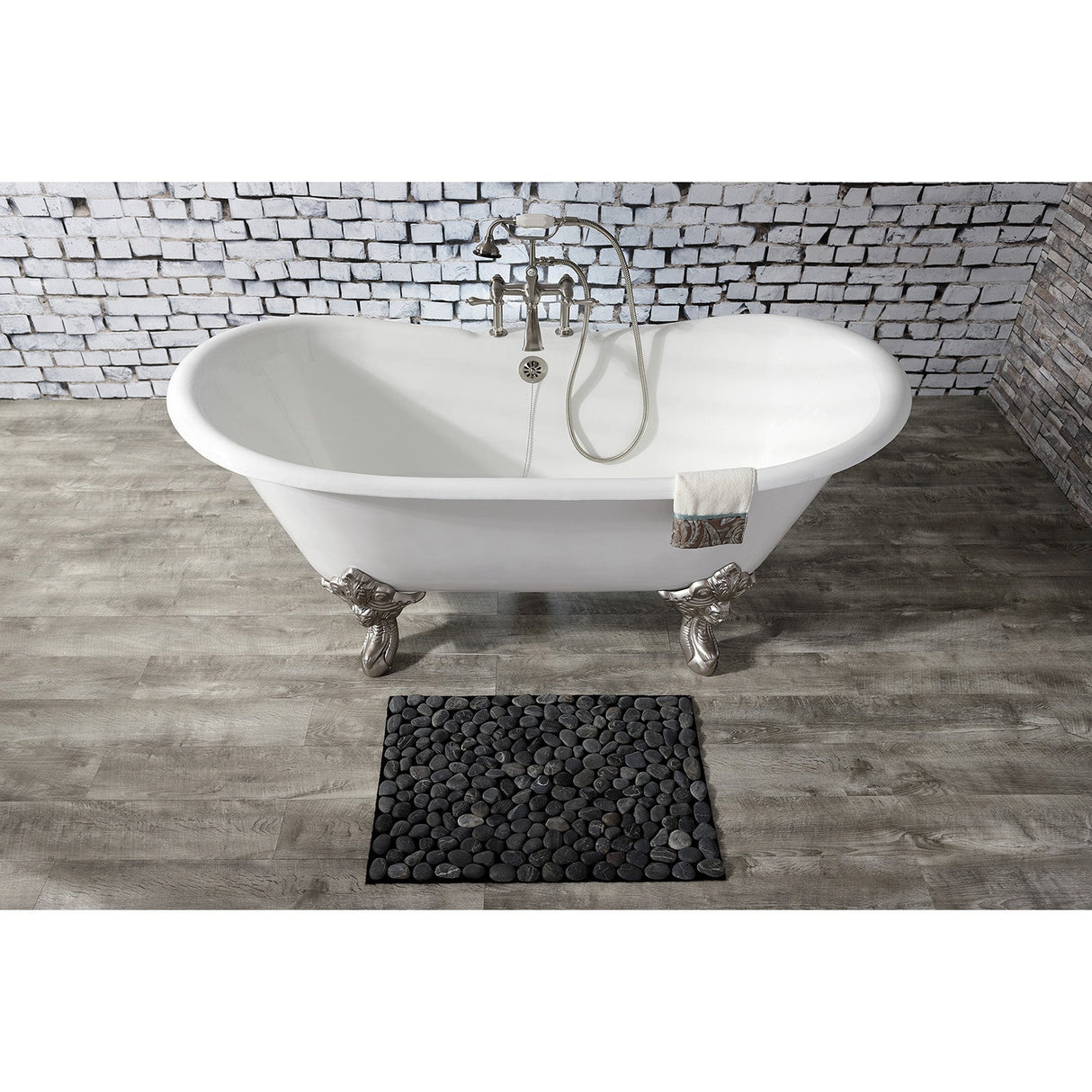 Aqua Eden VCT7DS6731NL8 67-Inch Cast Iron Double Slipper Clawfoot Tub with 7-Inch Faucet Drillings, White/Brushed Nickel