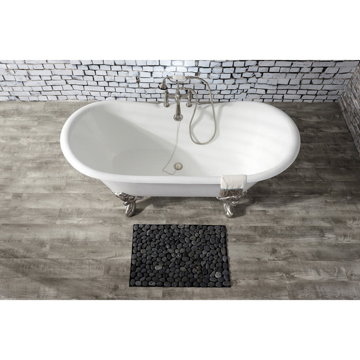 Aqua Eden VCT7DS6731NL8 67-Inch Cast Iron Double Slipper Clawfoot Tub with 7-Inch Faucet Drillings, White/Brushed Nickel