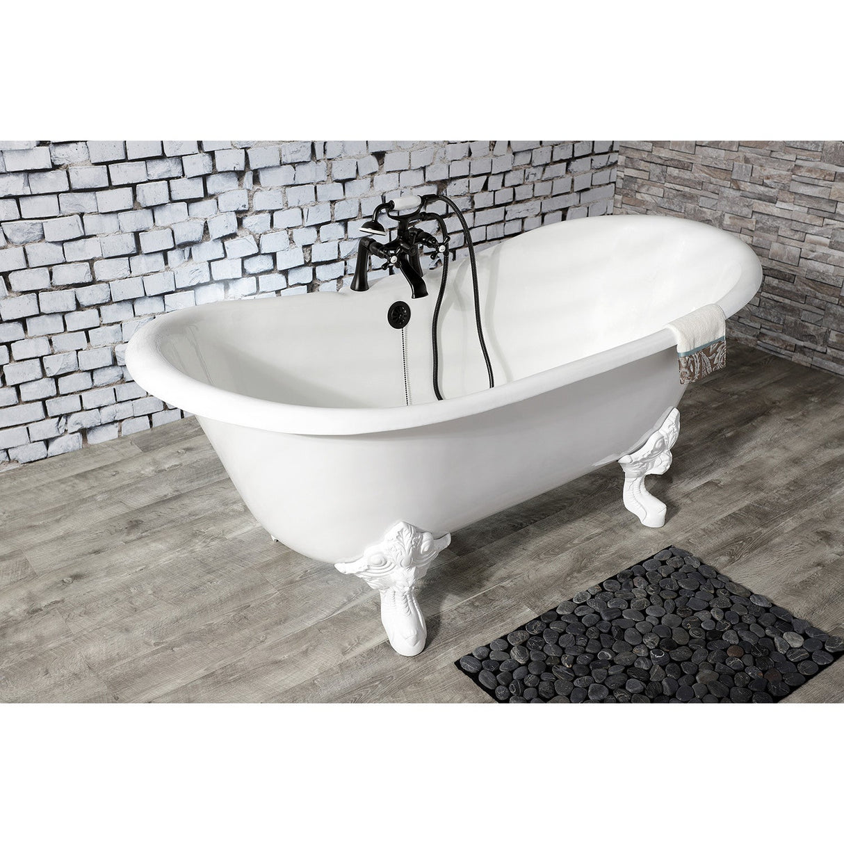 Aqua Eden VCT7DS6731NLW 67-Inch Cast Iron Double Slipper Clawfoot Tub with 7-Inch Faucet Drillings, White