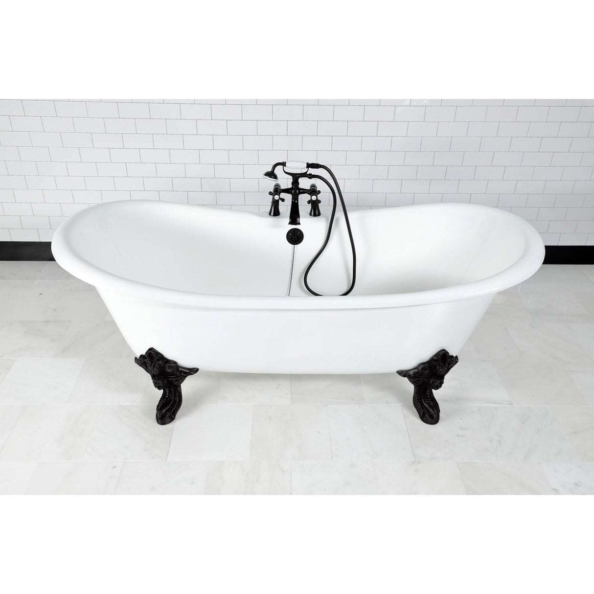 Aqua Eden VCT7DS7231NL0 72-Inch Cast Iron Double Slipper Clawfoot Tub with 7-Inch Faucet Drillings, White/Matte Black