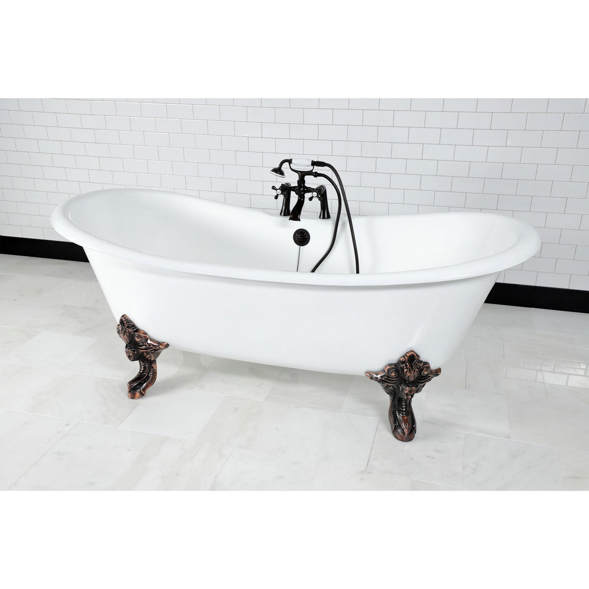 Aqua Eden VCT7DS7231NL5 72-Inch Cast Iron Double Slipper Clawfoot Tub with 7-Inch Faucet Drillings, White/Oil Rubbed Bronze