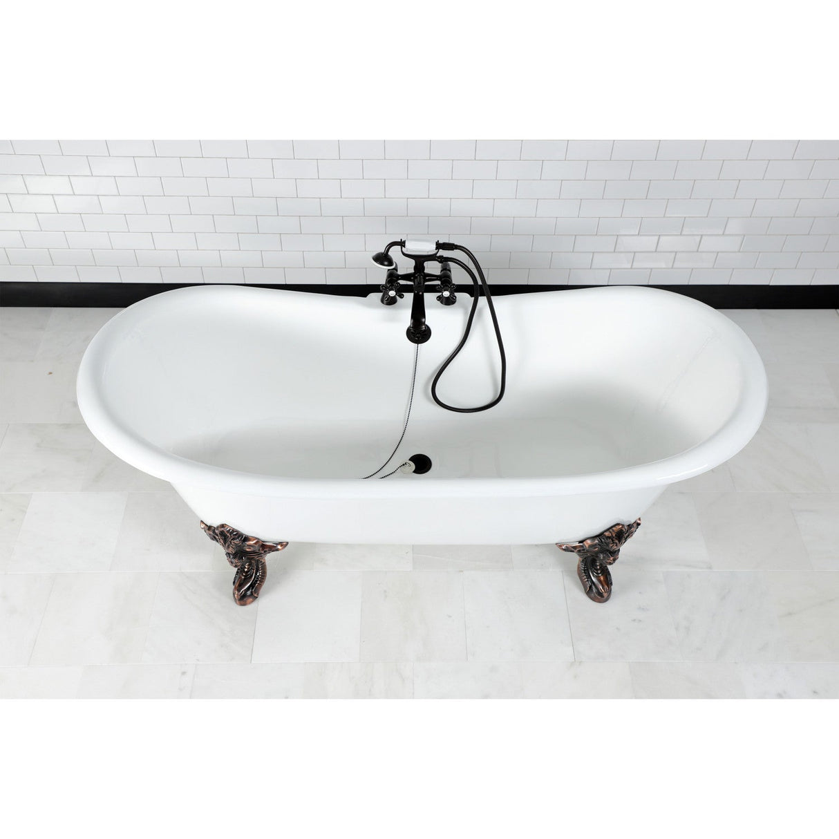 Aqua Eden VCT7DS7231NL5 72-Inch Cast Iron Double Slipper Clawfoot Tub with 7-Inch Faucet Drillings, White/Oil Rubbed Bronze