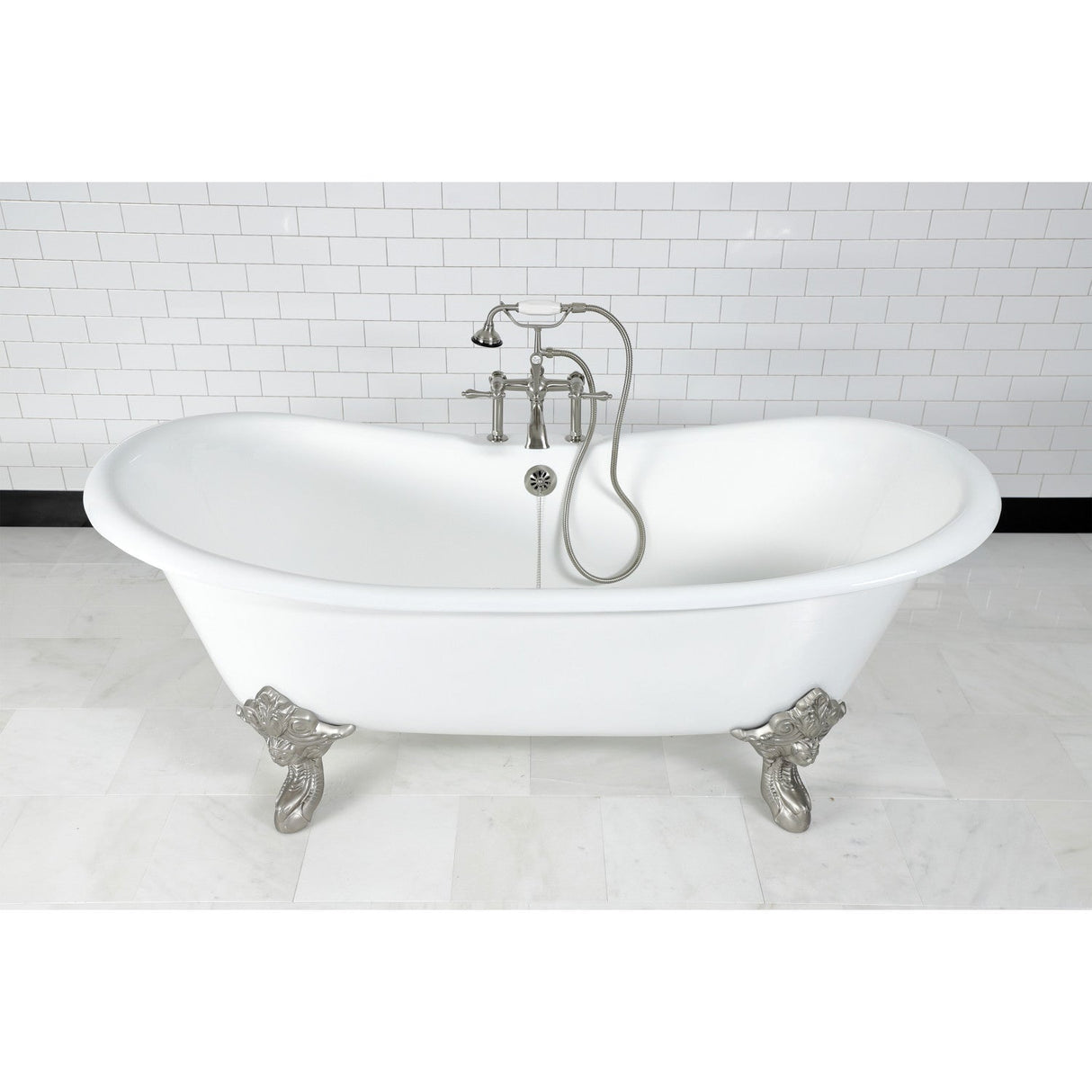 Aqua Eden VCT7DS7231NL8 72-Inch Cast Iron Double Slipper Clawfoot Tub with 7-Inch Faucet Drillings, White/Brushed Nickel