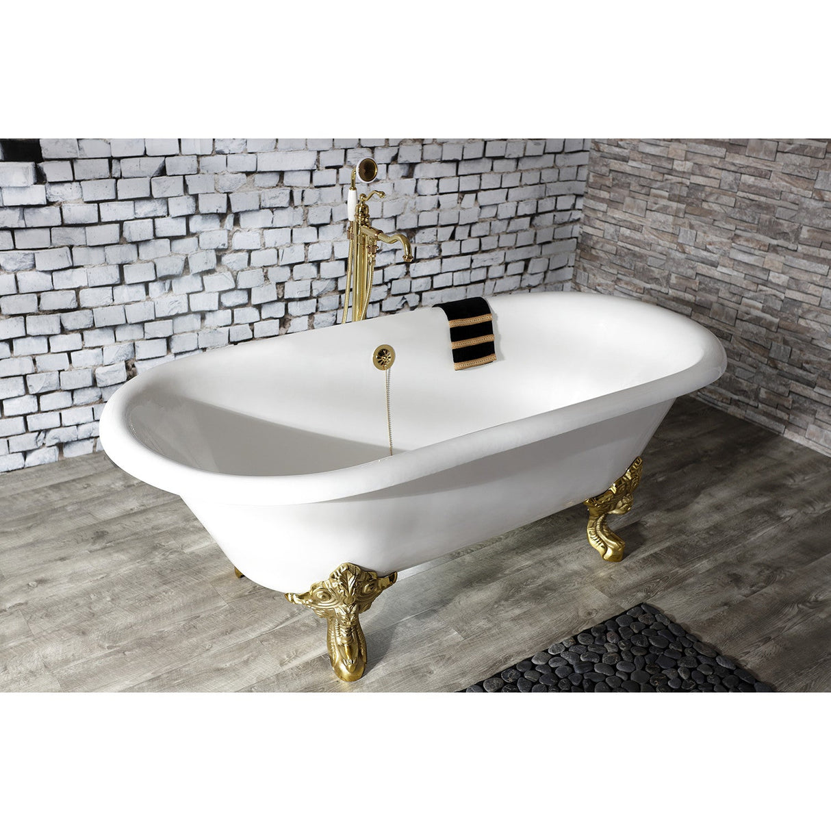 Aqua Eden VCTDE7232NL2 72-Inch Cast Iron Double Ended Clawfoot Tub (No Faucet Drillings), White/Polished Brass