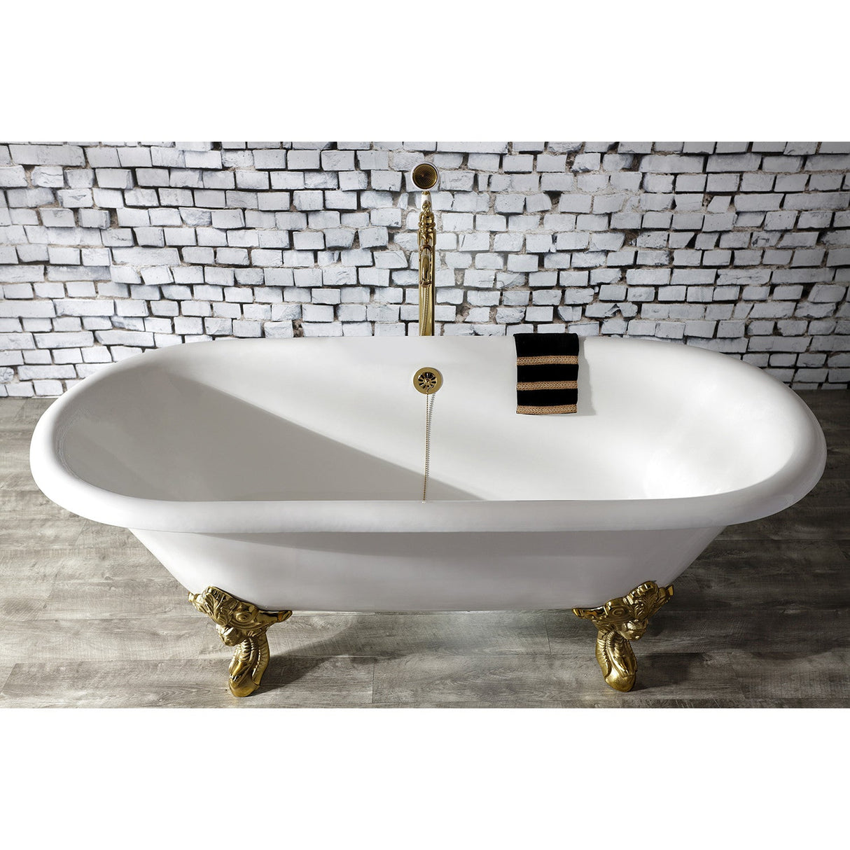 Aqua Eden VCTDE7232NL2 72-Inch Cast Iron Double Ended Clawfoot Tub (No Faucet Drillings), White/Polished Brass