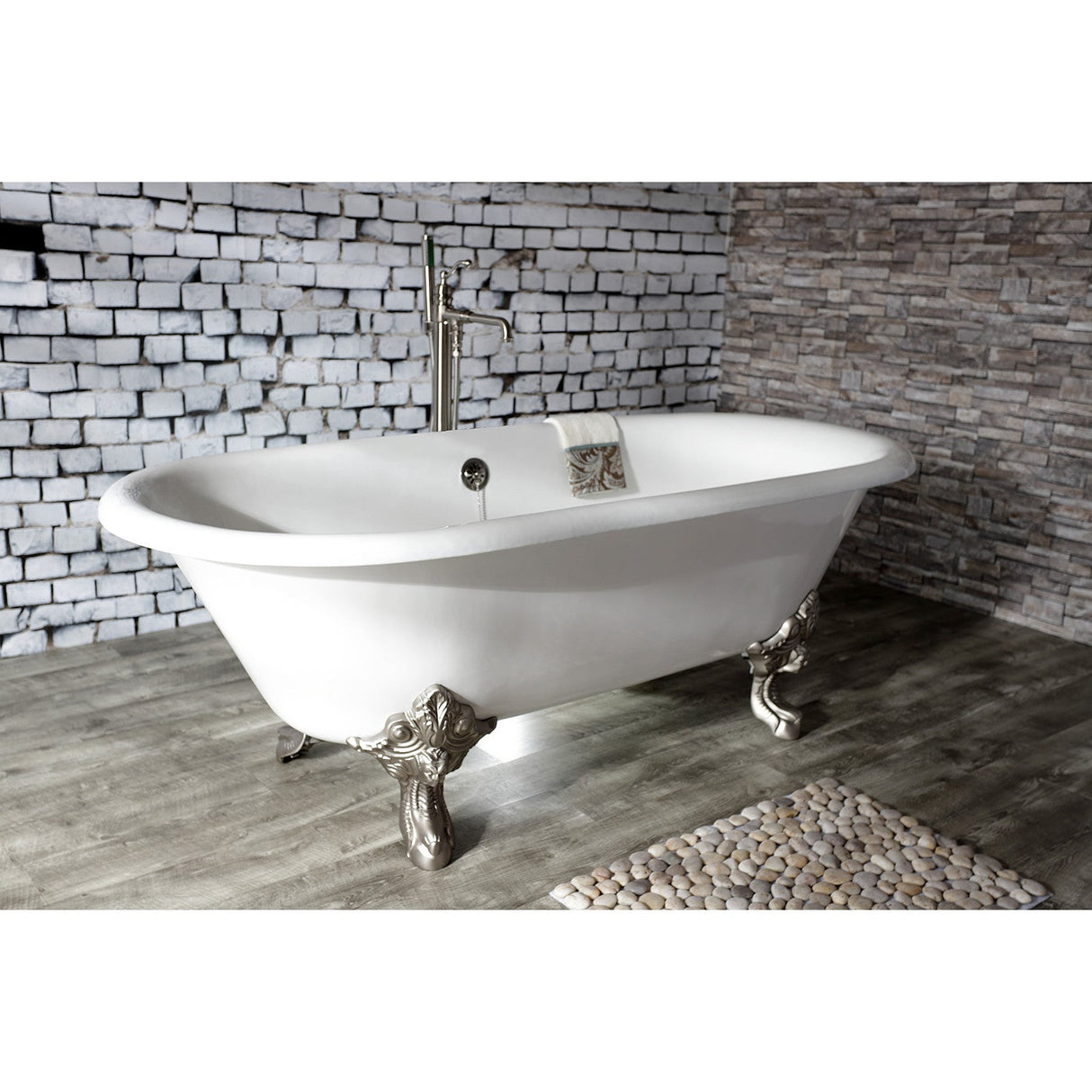 Aqua Eden VCTDE7232NL8 72-Inch Cast Iron Double Ended Clawfoot Tub (No Faucet Drillings), White/Brushed Nickel