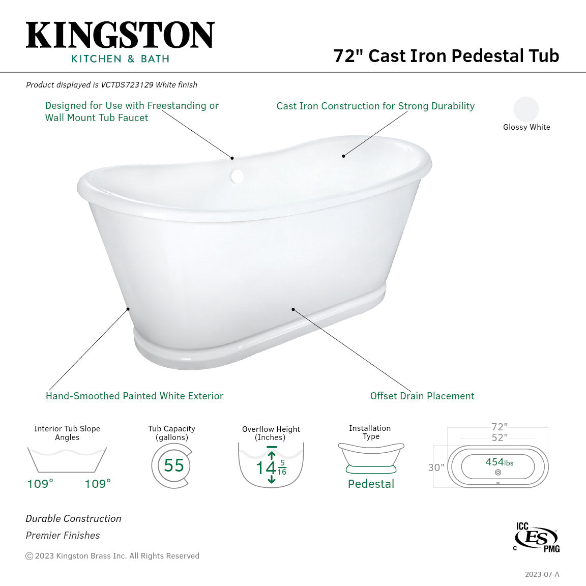Aqua Eden VCTDS723129 72-Inch Double Slipper Cast Iron Skirted Pedestal Tub, White