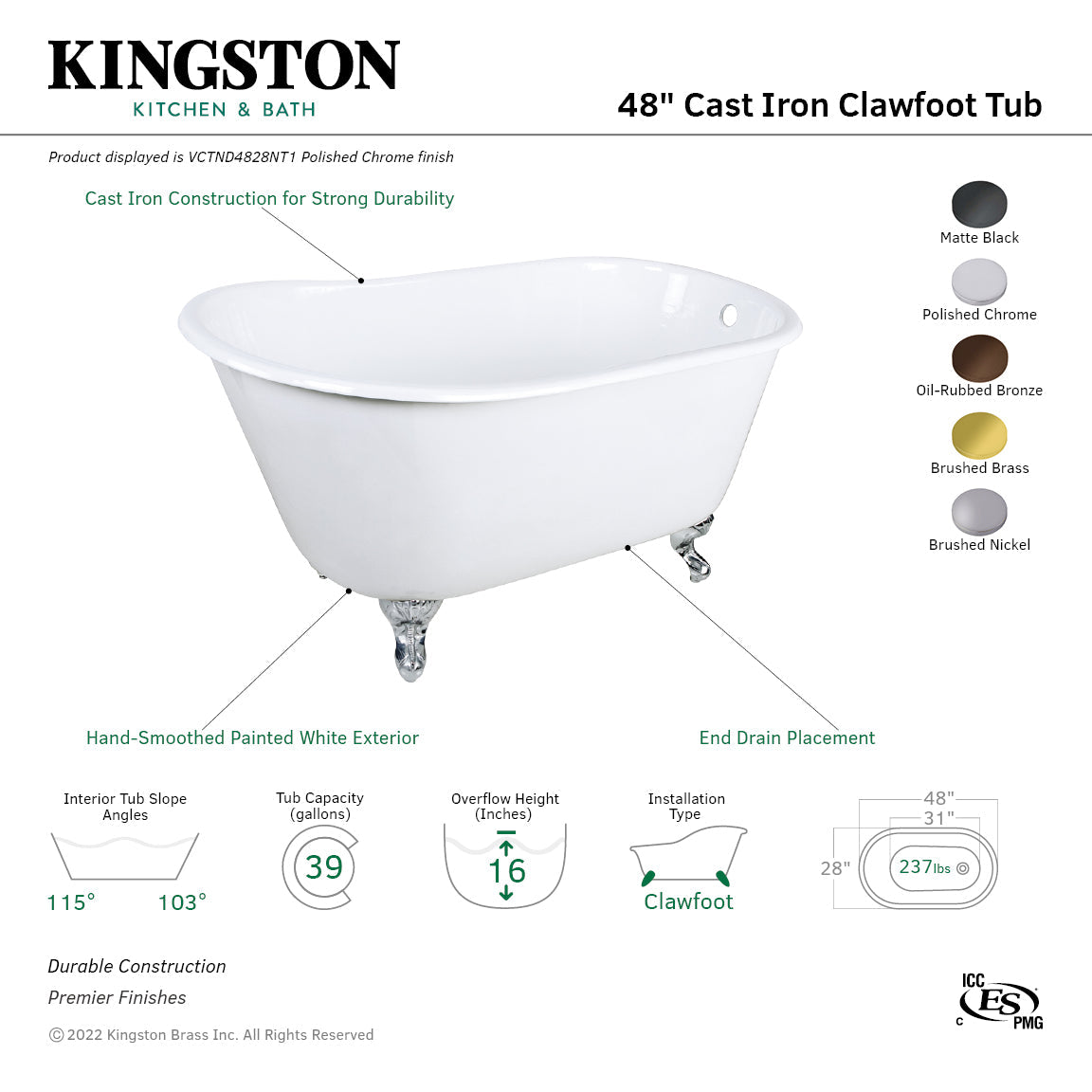 Onamia VCTND4828NT1 48-Inch Cast Iron Single Slipper Clawfoot Tub (No Faucet Drillings), White/Polished Chrome