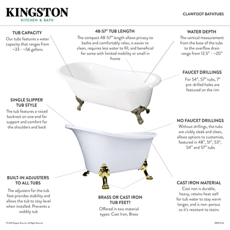Onamia VCTND4828NT7 48-Inch Cast Iron Single Slipper Clawfoot Tub (No Faucet Drillings), White/Brushed Brass