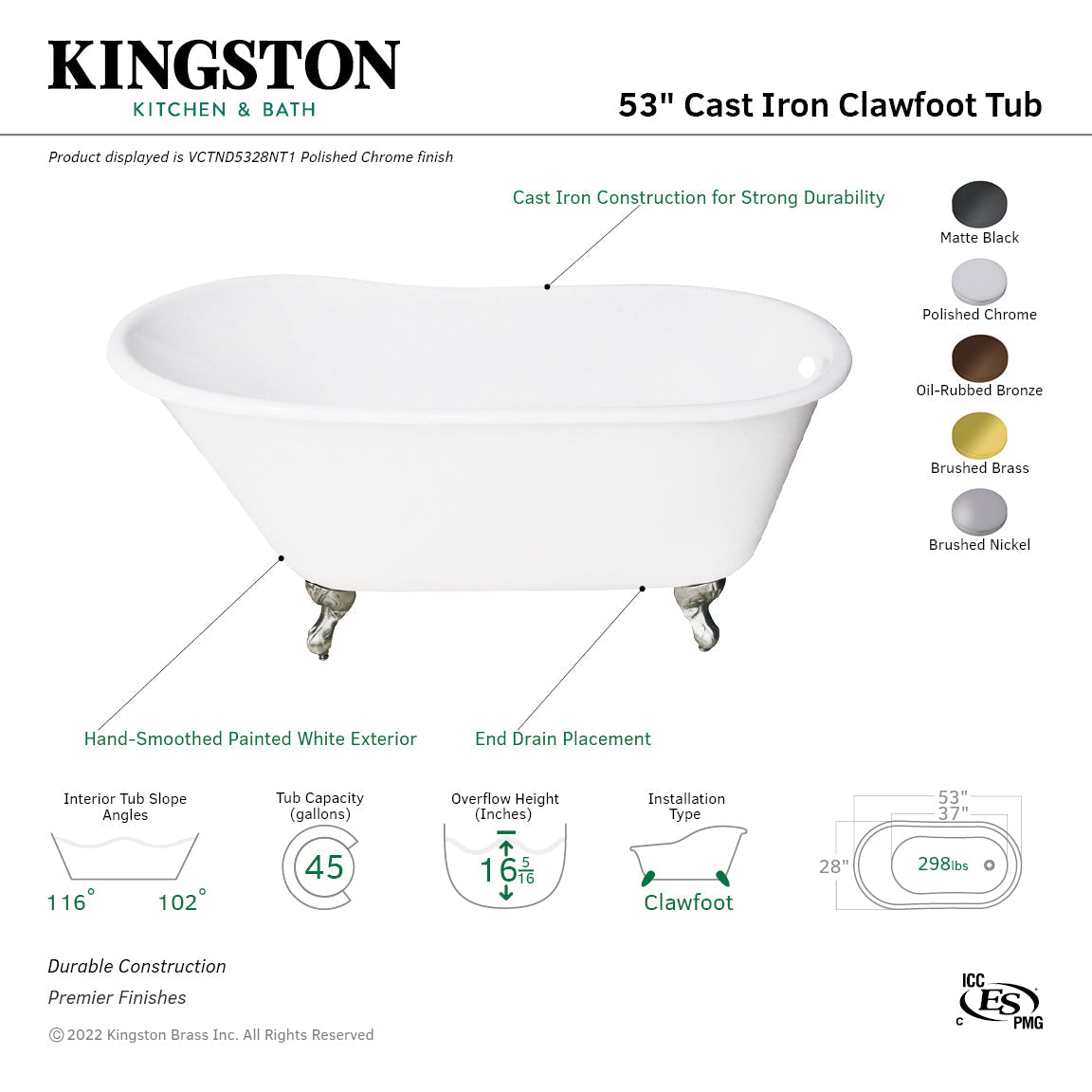 Aqua Eden VCTND5328NT0 53-Inch Cast Iron Single Slipper Clawfoot Tub (No Faucet Drillings), White/Matte Black