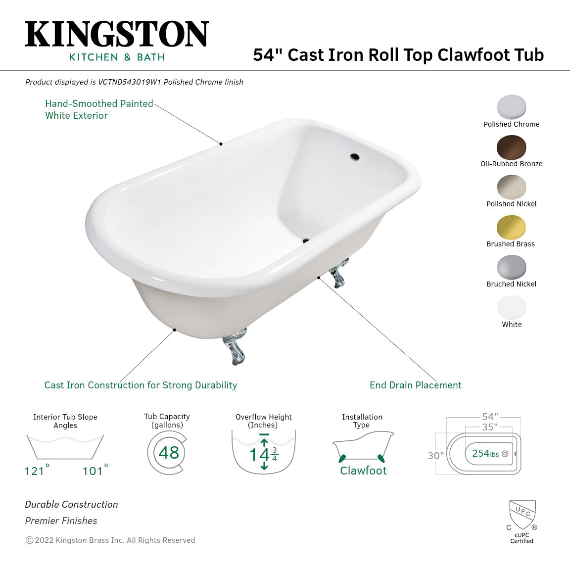 Aqua Eden VCTND543019W6 54-Inch Cast Iron Roll Top Clawfoot Tub (No Faucet Drillings), White/Polished Nickel