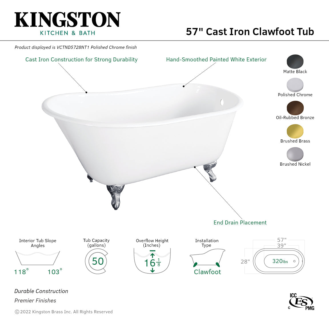 Onamia VCTND5728NT7 57-Inch Cast Iron Single Slipper Clawfoot Tub (No Faucet Drillings), White/Brushed Brass