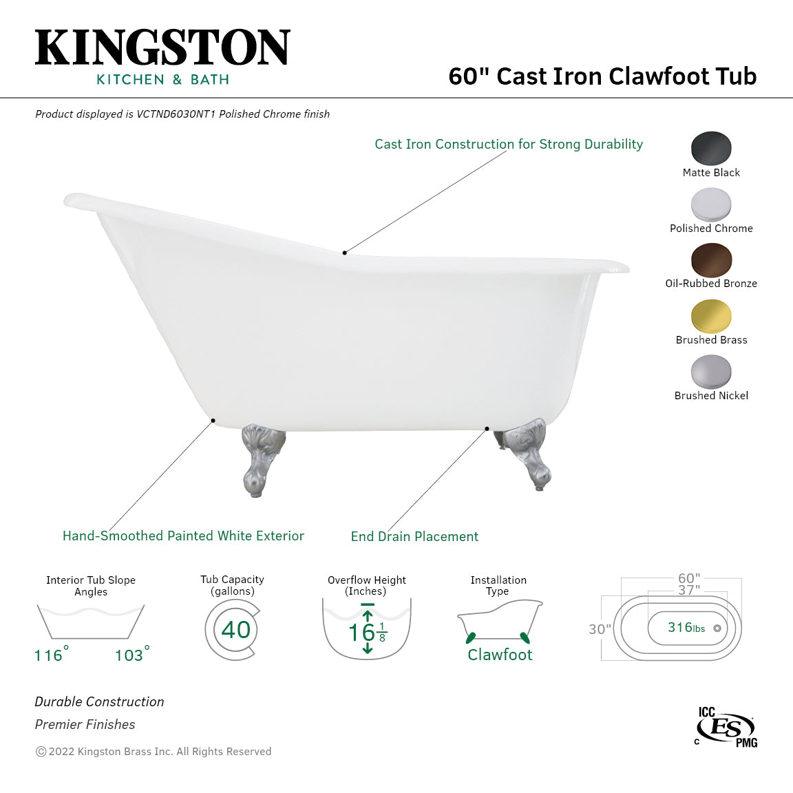 Aqua Eden VCTND6030NT7 60-Inch Cast Iron Single Slipper Clawfoot Tub (No Faucet Drillings), White/Brushed Brass