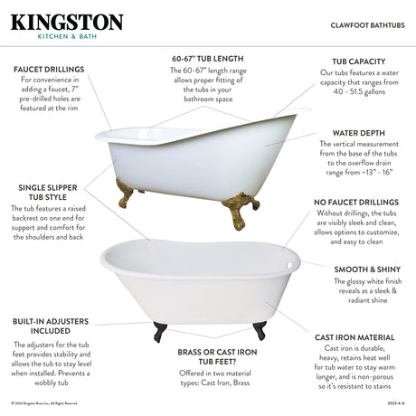 Aqua Eden VCTND6030NT7 60-Inch Cast Iron Single Slipper Clawfoot Tub (No Faucet Drillings), White/Brushed Brass