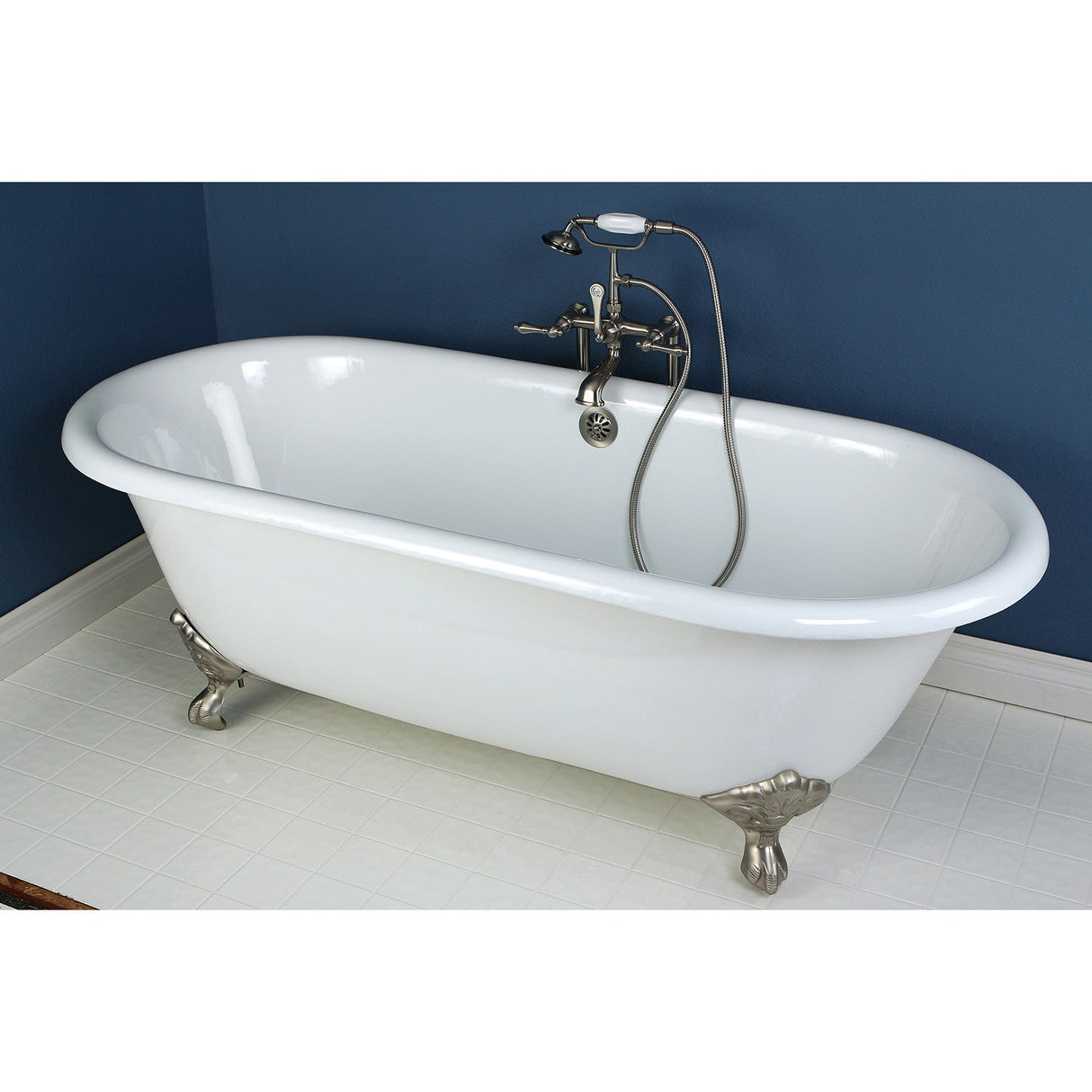Aqua Eden VCTND663013NB8 66-Inch Cast Iron Double Ended Clawfoot Tub (No Faucet Drillings), White/Brushed Nickel