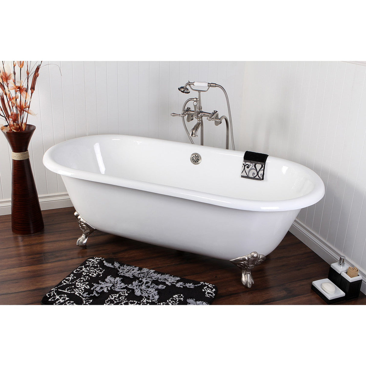 Aqua Eden VCTND663013NB8 66-Inch Cast Iron Double Ended Clawfoot Tub (No Faucet Drillings), White/Brushed Nickel