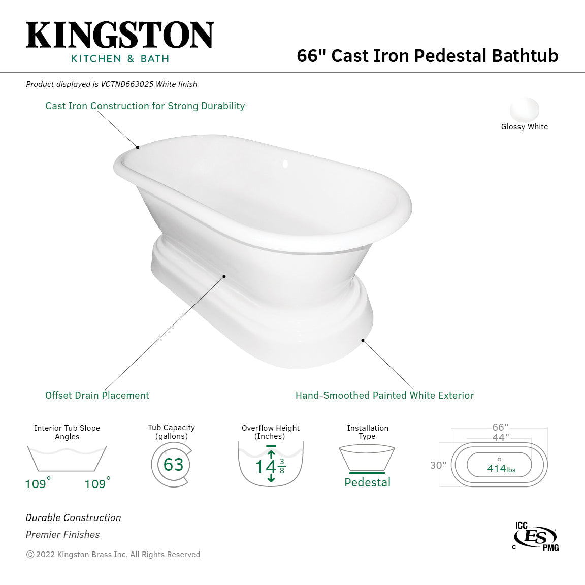 Aqua Eden VCTND663025 66-Inch Cast Iron Double Ended Pedestal Tub (No Faucet Drillings), White