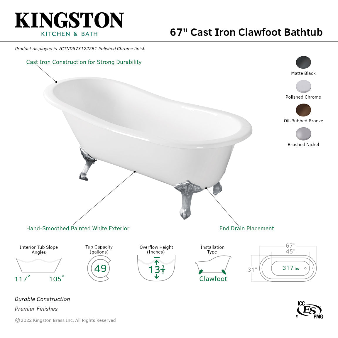 Aqua Eden VCTND673122ZB1 67-Inch Cast Iron Single Slipper Clawfoot Tub (No Faucet Drillings), White/Polished Chrome