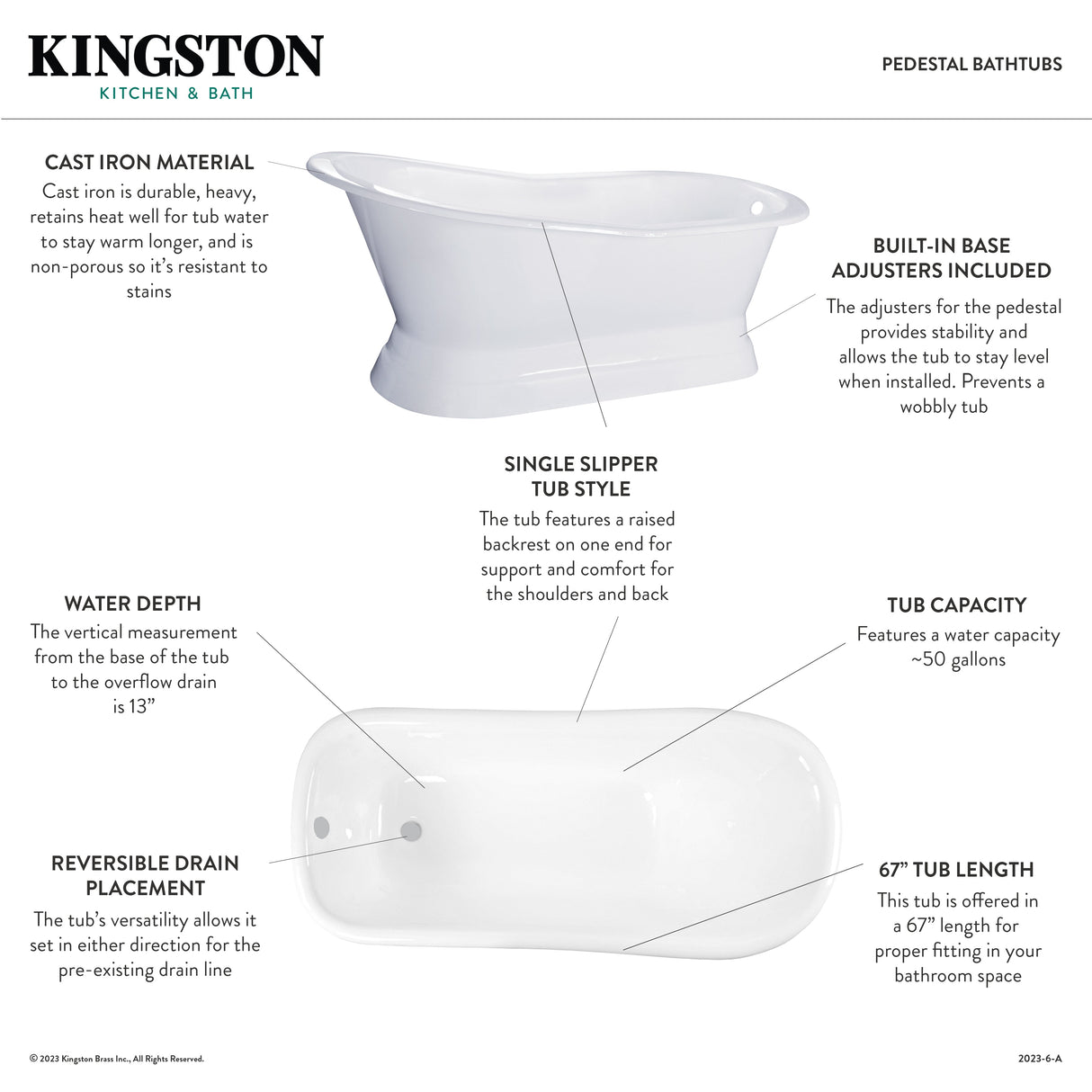 Aqua Eden VCTND673128 67-Inch Cast Iron Single Slipper Pedestal Tub (No Faucet Drillings), White