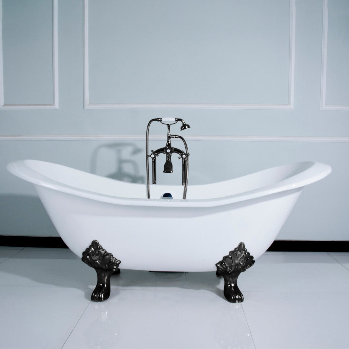 Aqua Eden VCTND7231NC0 72-Inch Cast Iron Double Slipper Clawfoot Tub (No Faucet Drillings), White/Matte Black