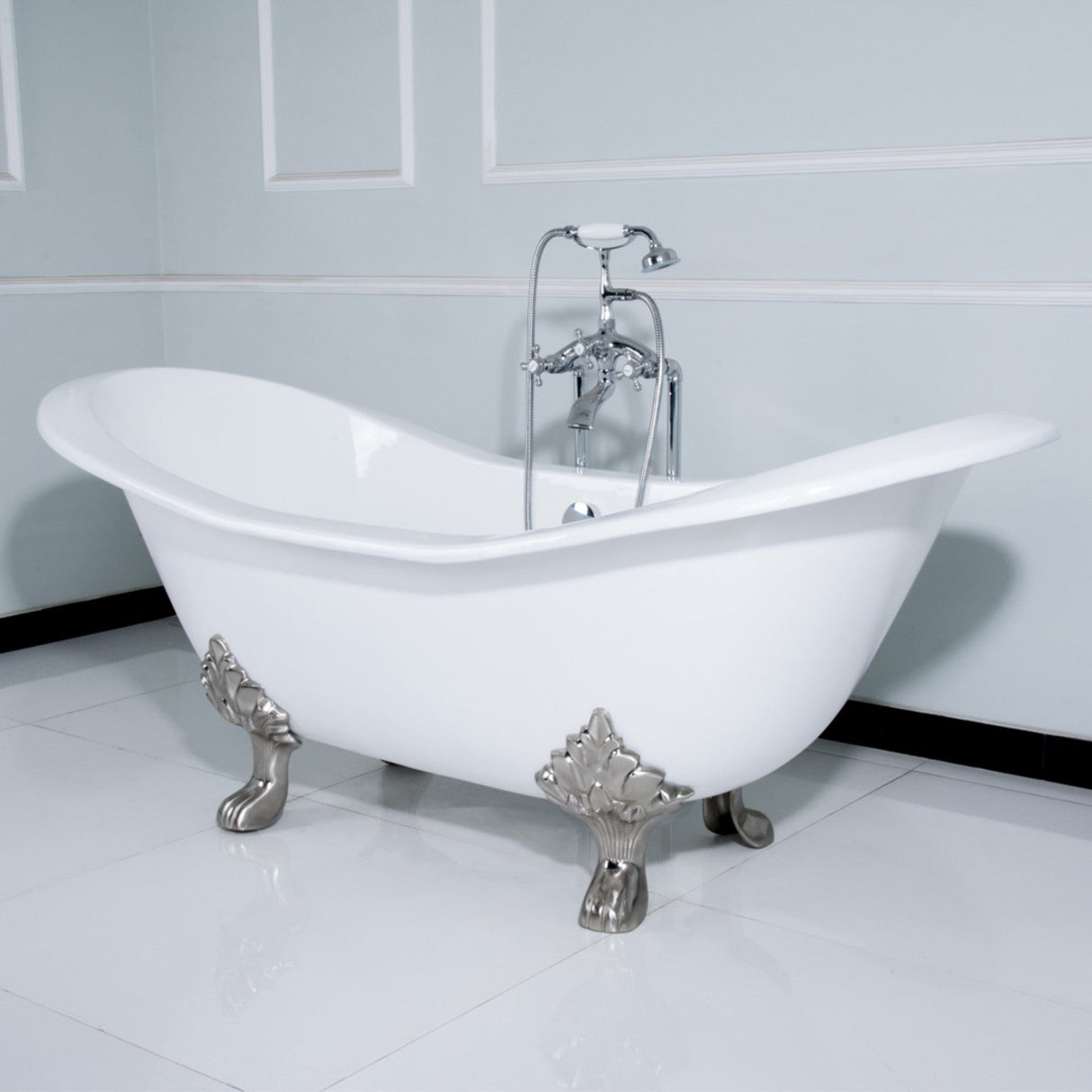 Aqua Eden VCTND7231NC1 72-Inch Cast Iron Double Slipper Clawfoot Tub (No Faucet Drillings), White/Polished Chrome