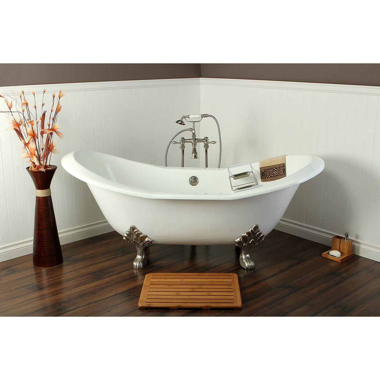 Aqua Eden VCTND7231NC8 72-Inch Cast Iron Double Slipper Clawfoot Tub (No Faucet Drillings), White/Brushed Nickel