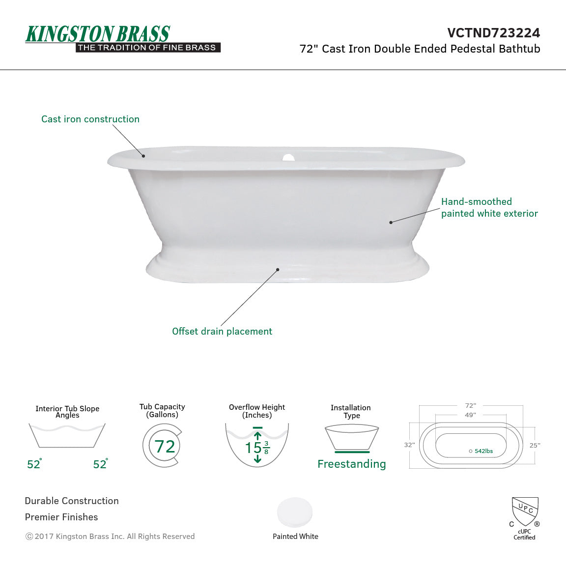 Aqua Eden VCTND723224 72-Inch Cast Iron Double Ended Pedestal Tub (No Faucet Drillings), White