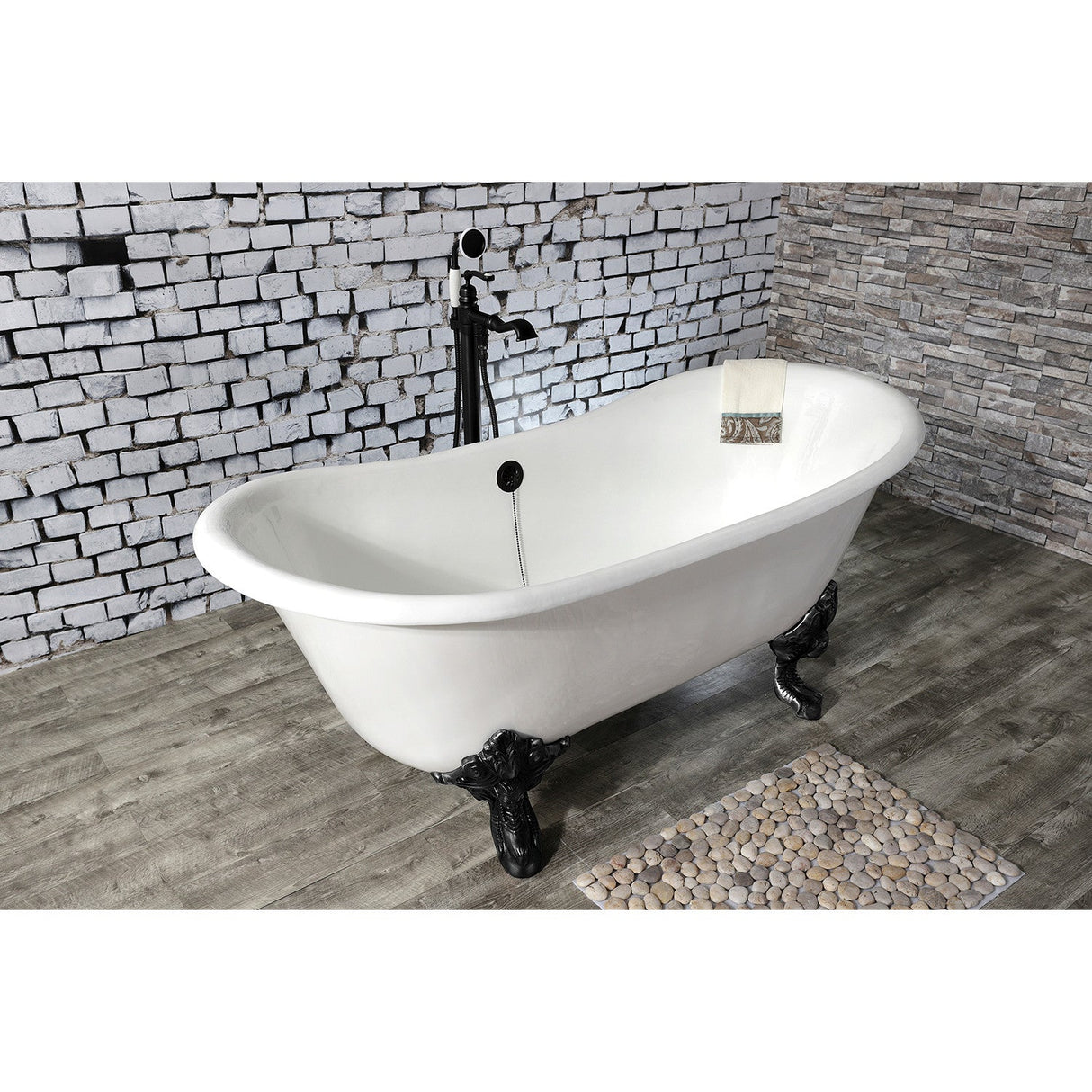 Aqua Eden VCTNDS6731NL0 67-Inch Cast Iron Double Slipper Clawfoot Tub (No Faucet Drillings), White/Matte Black